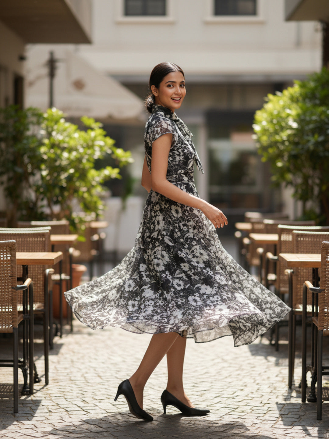 Floral Print Tie-Up Neck Chiffon Fit & Flare Midi Dress|Souchii
