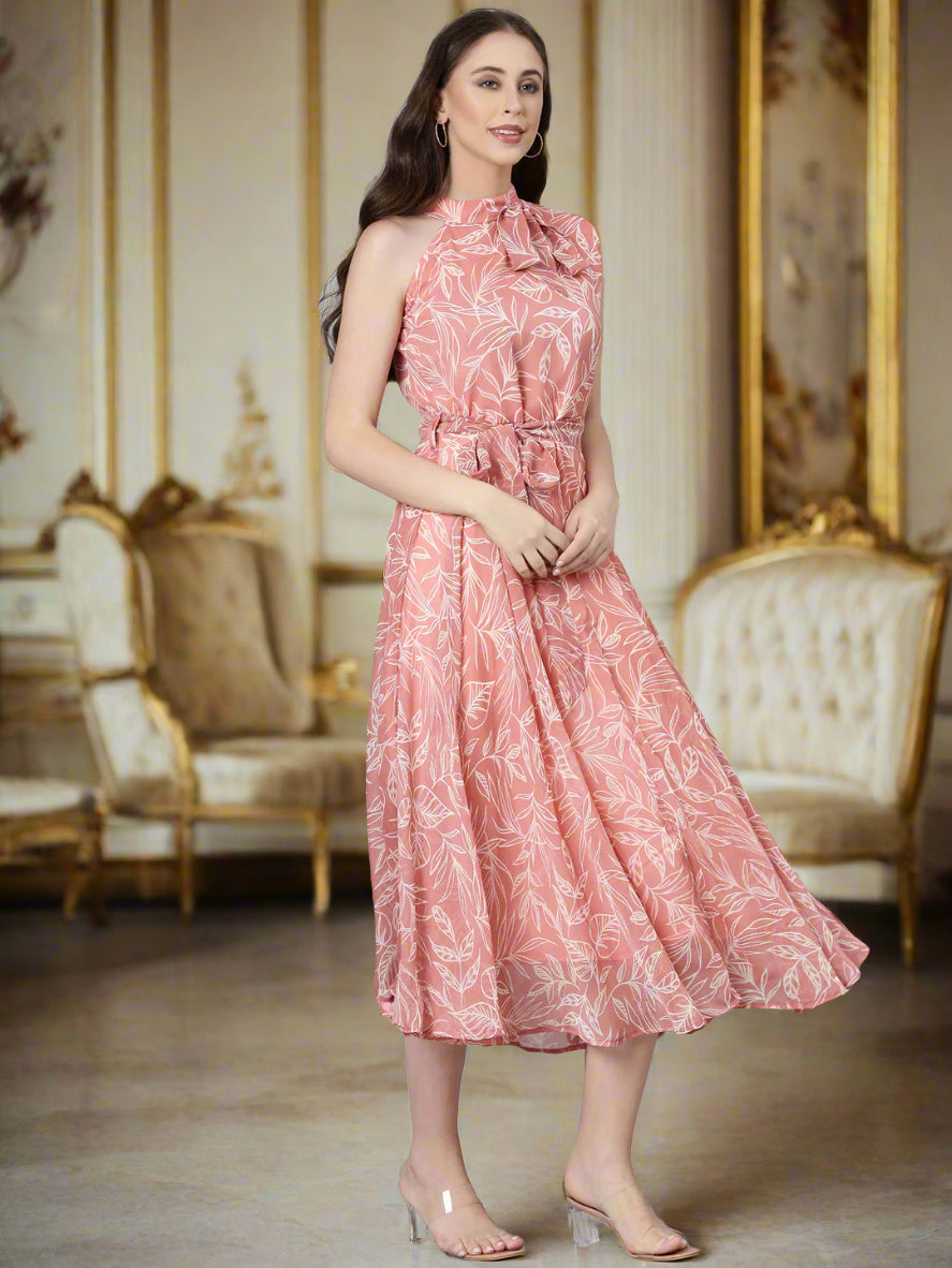 Maxi Dress – Pink Floral Print Halter Neck | Souchii