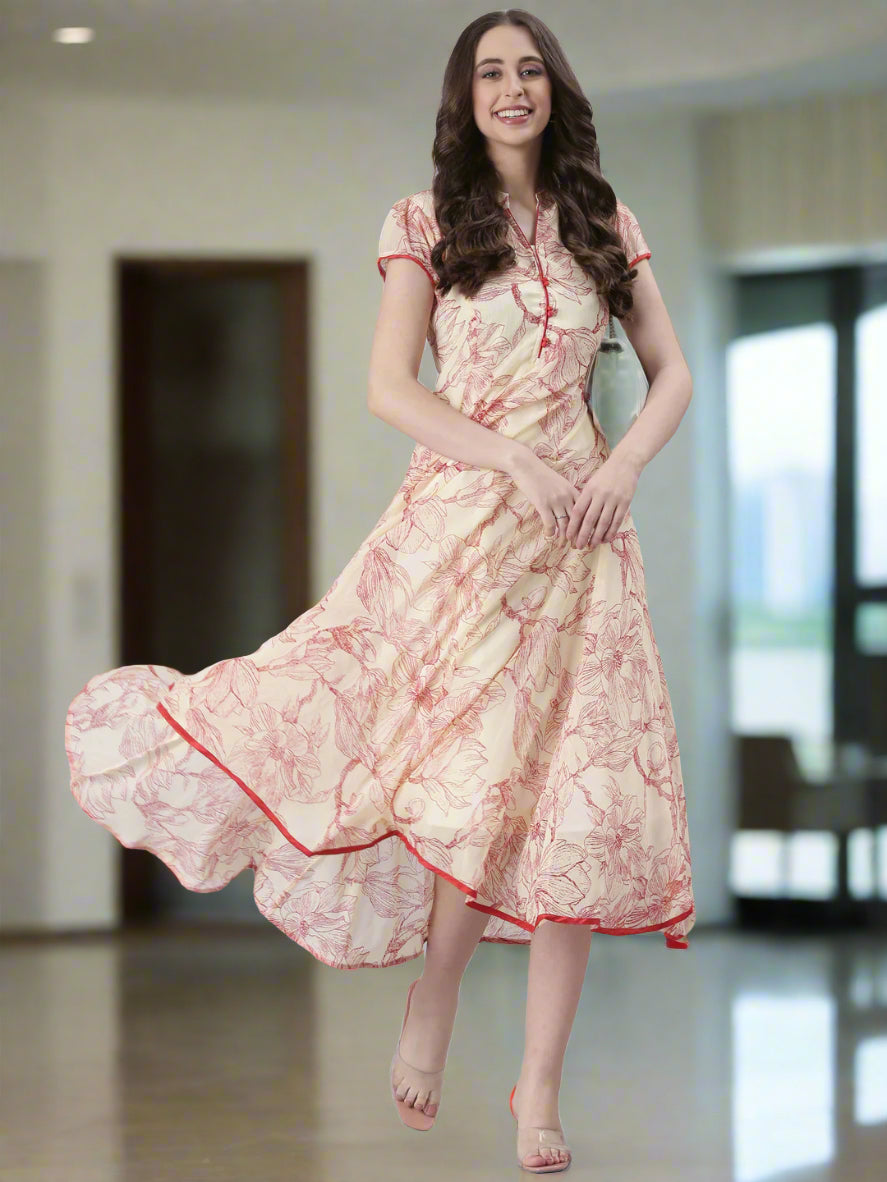 Cream Floral A-Line Belted Midi Dress | Souchii