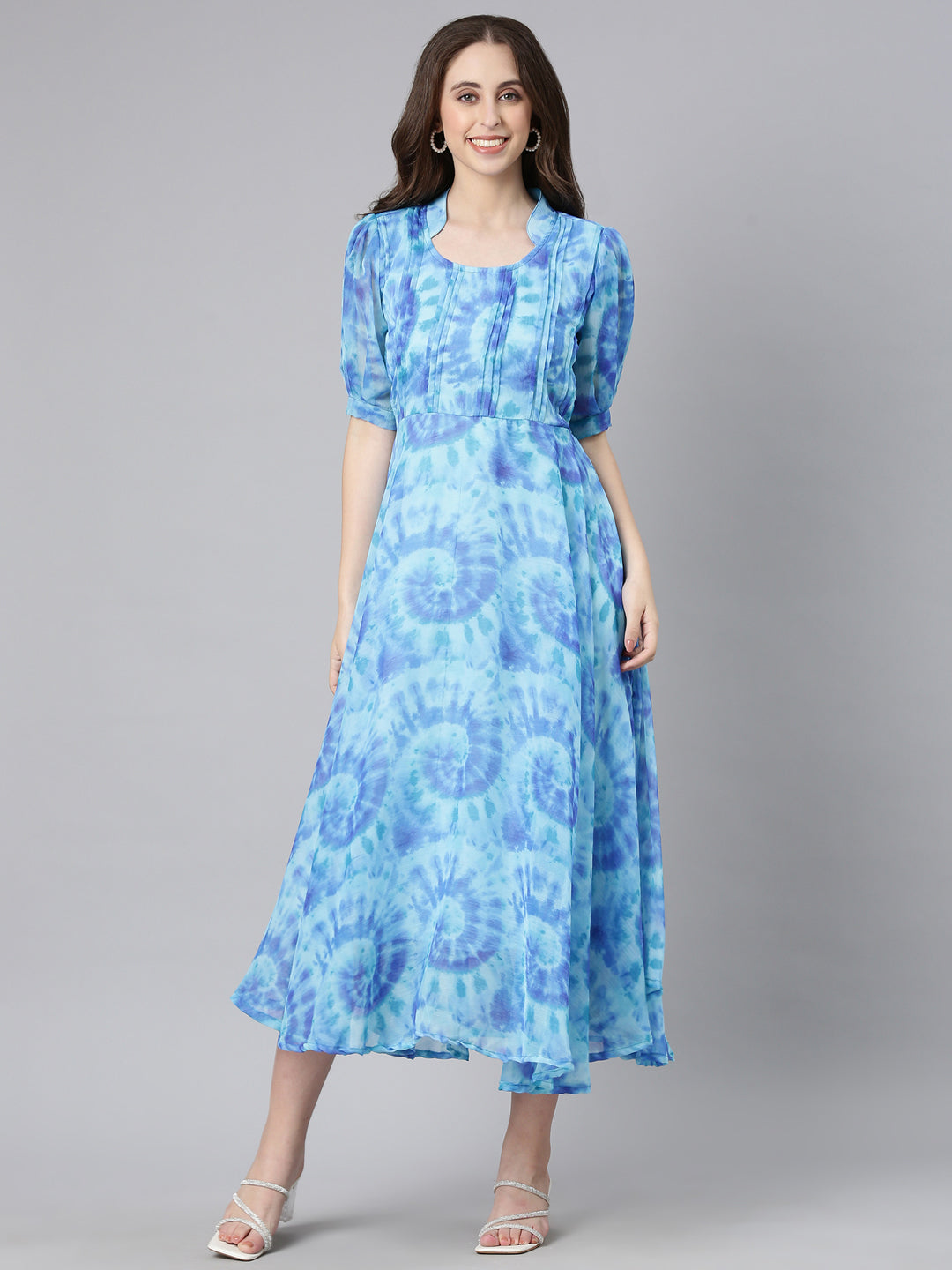 Dress – Blue Abstract Print Fit & Flare Chiffon | Souchii