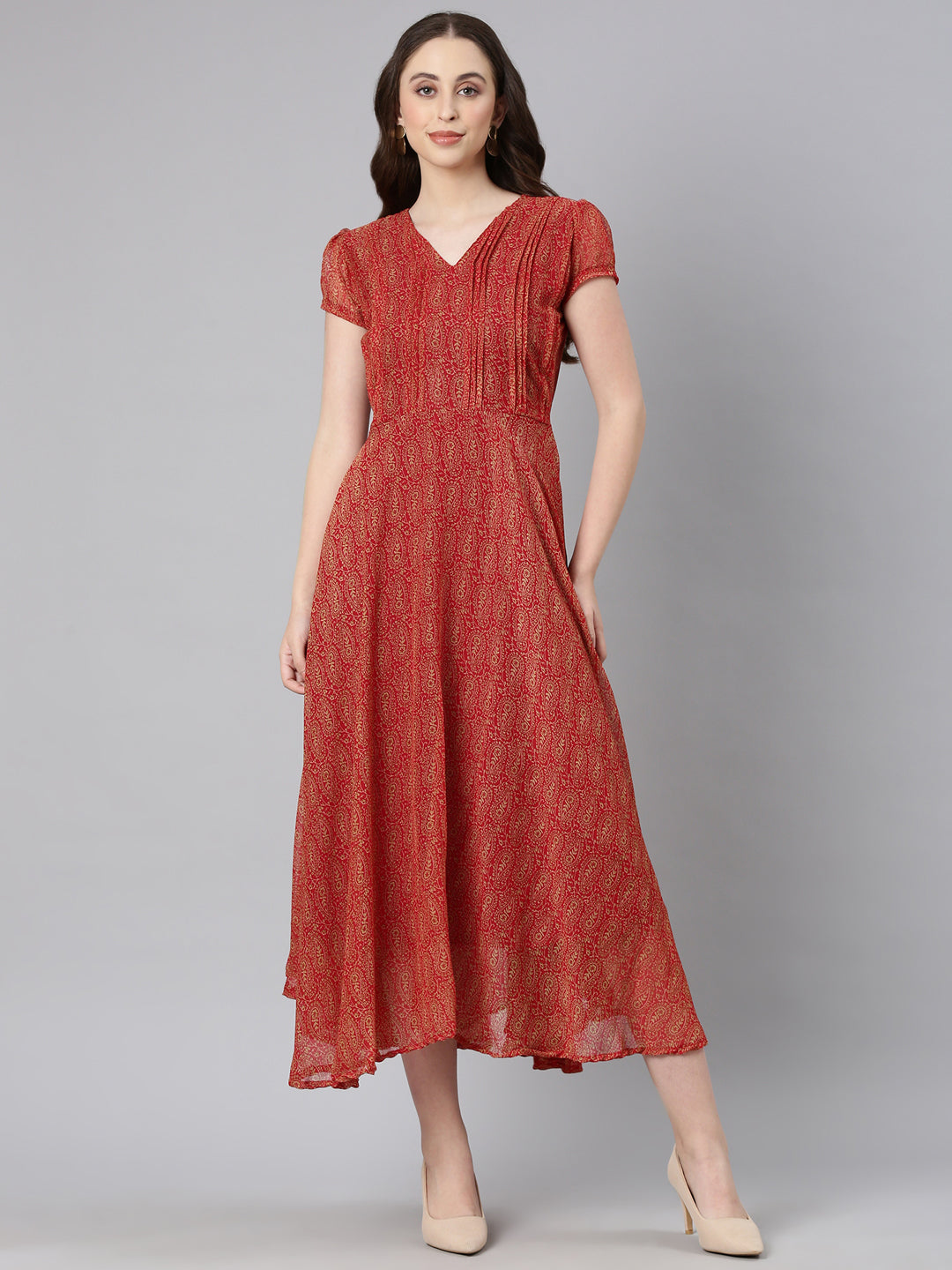 Fit & Flare Dress – Red Abstract Printed | Souchii