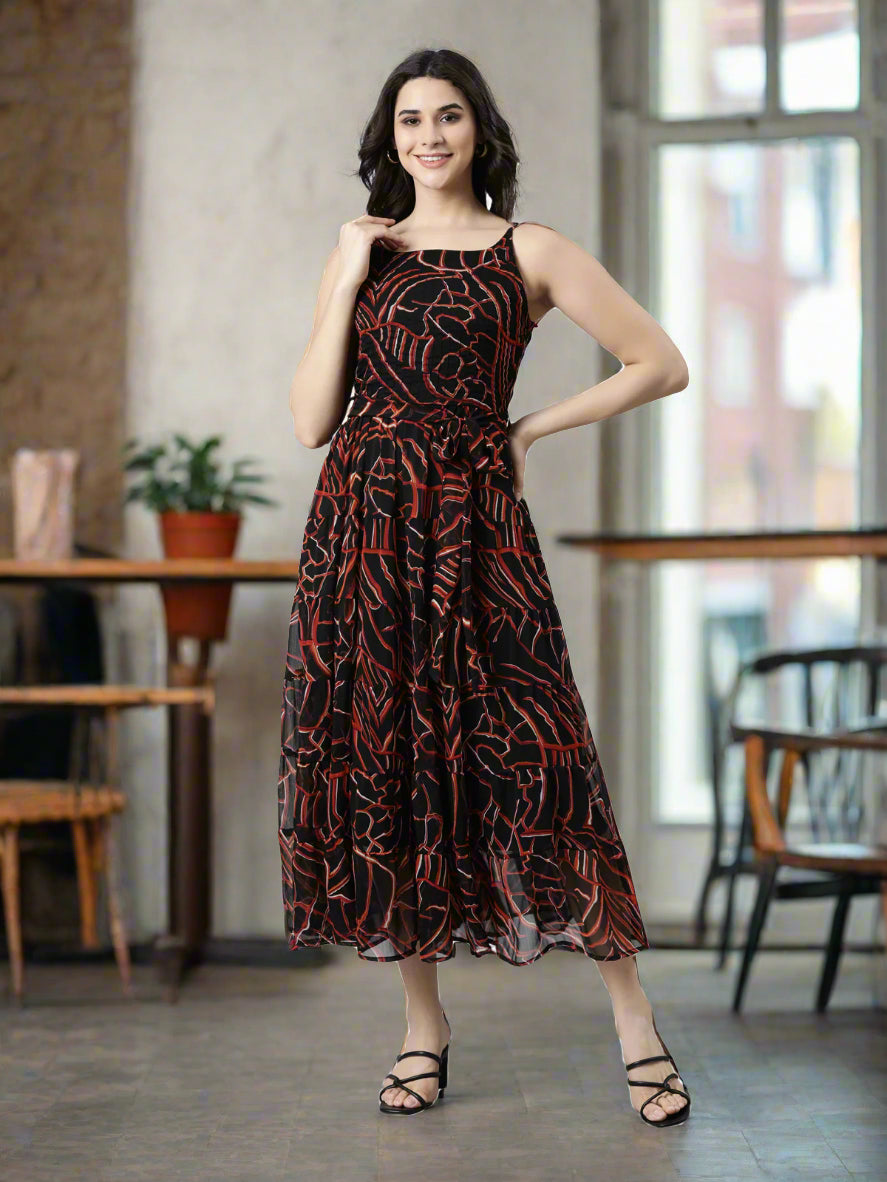 Dress – Black Abstract Printed A-Line Tiered | Souchii