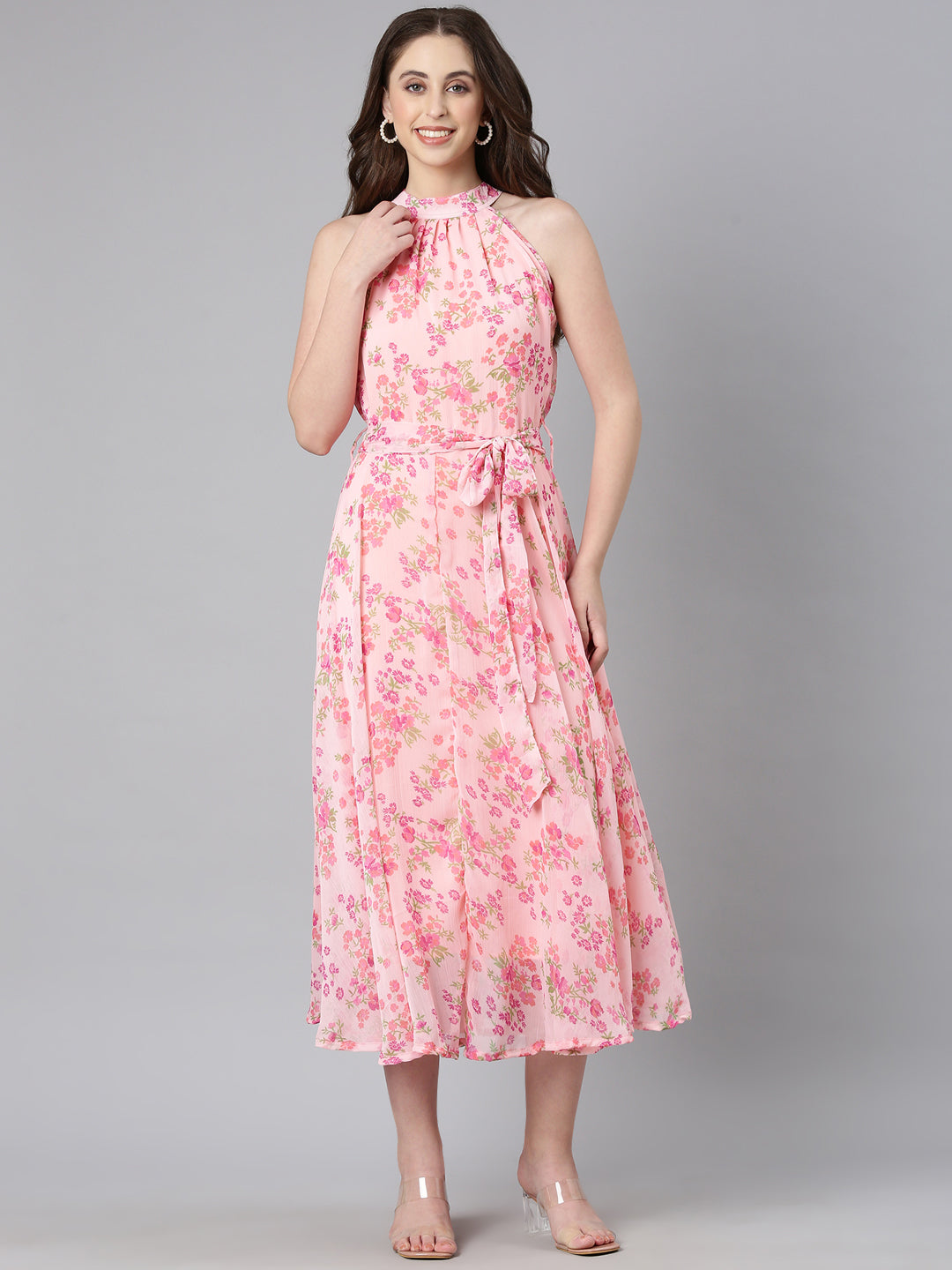 Maxi Dress – Pink Floral Chiffon Fit & Flare | Souchii