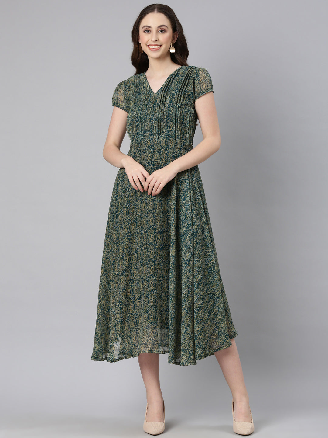Fit & Flare Dress – Green Paisley Print Chiffon | Souchii