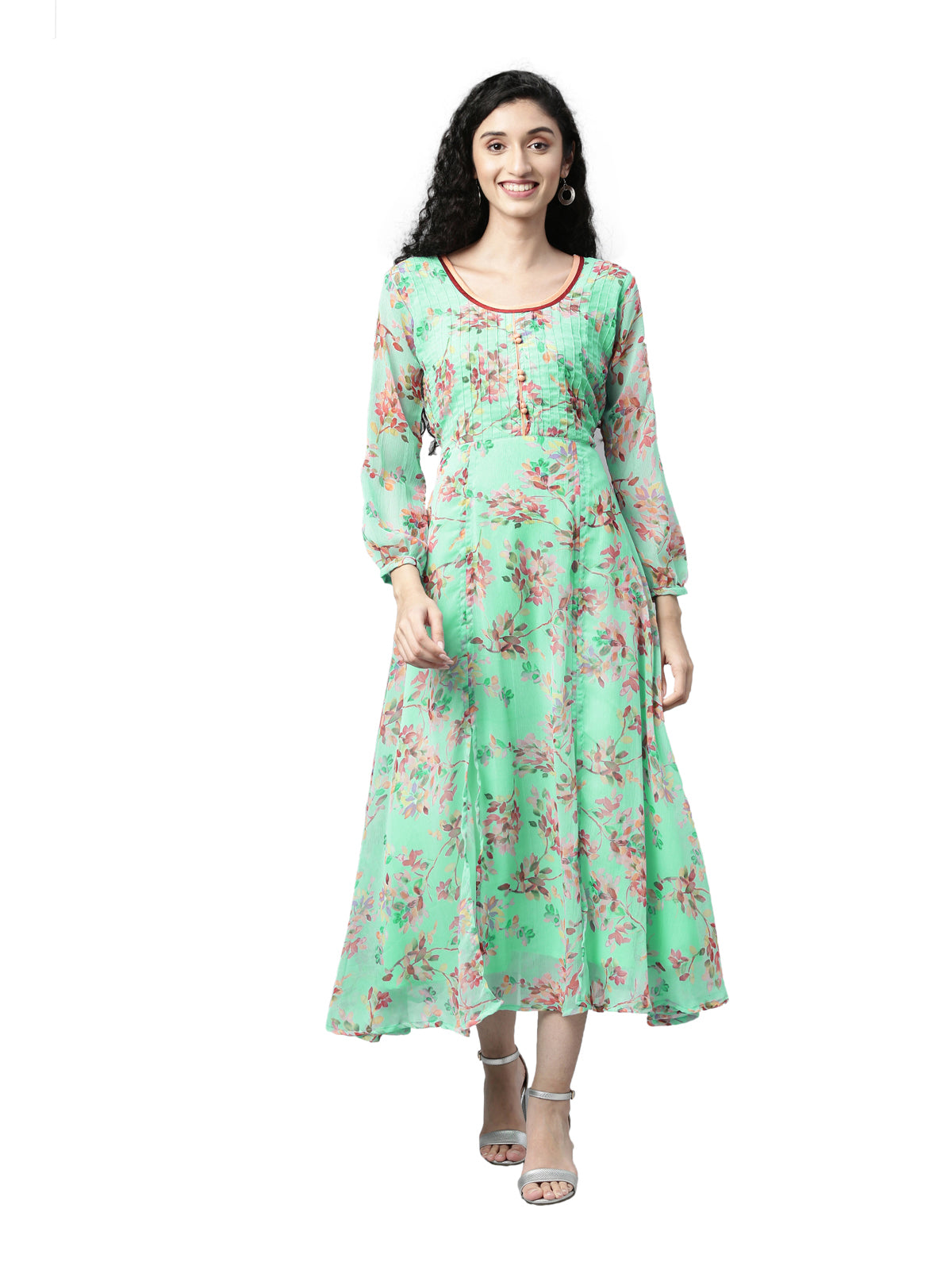 Maxi Dress – Sea Green Floral Print Chiffon | Souchii