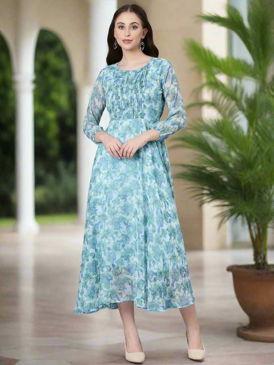 Dress – Blue Floral Fit & Flare Chiffon | Souchii