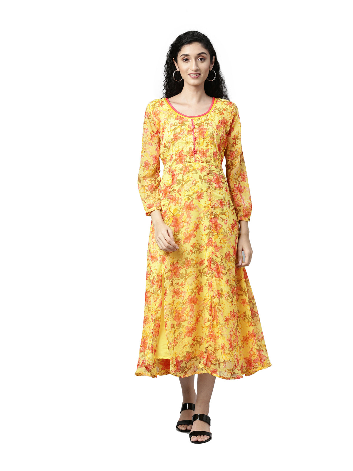 Midi Dress – Yellow Floral Printed Chiffon A-Line | Souchii