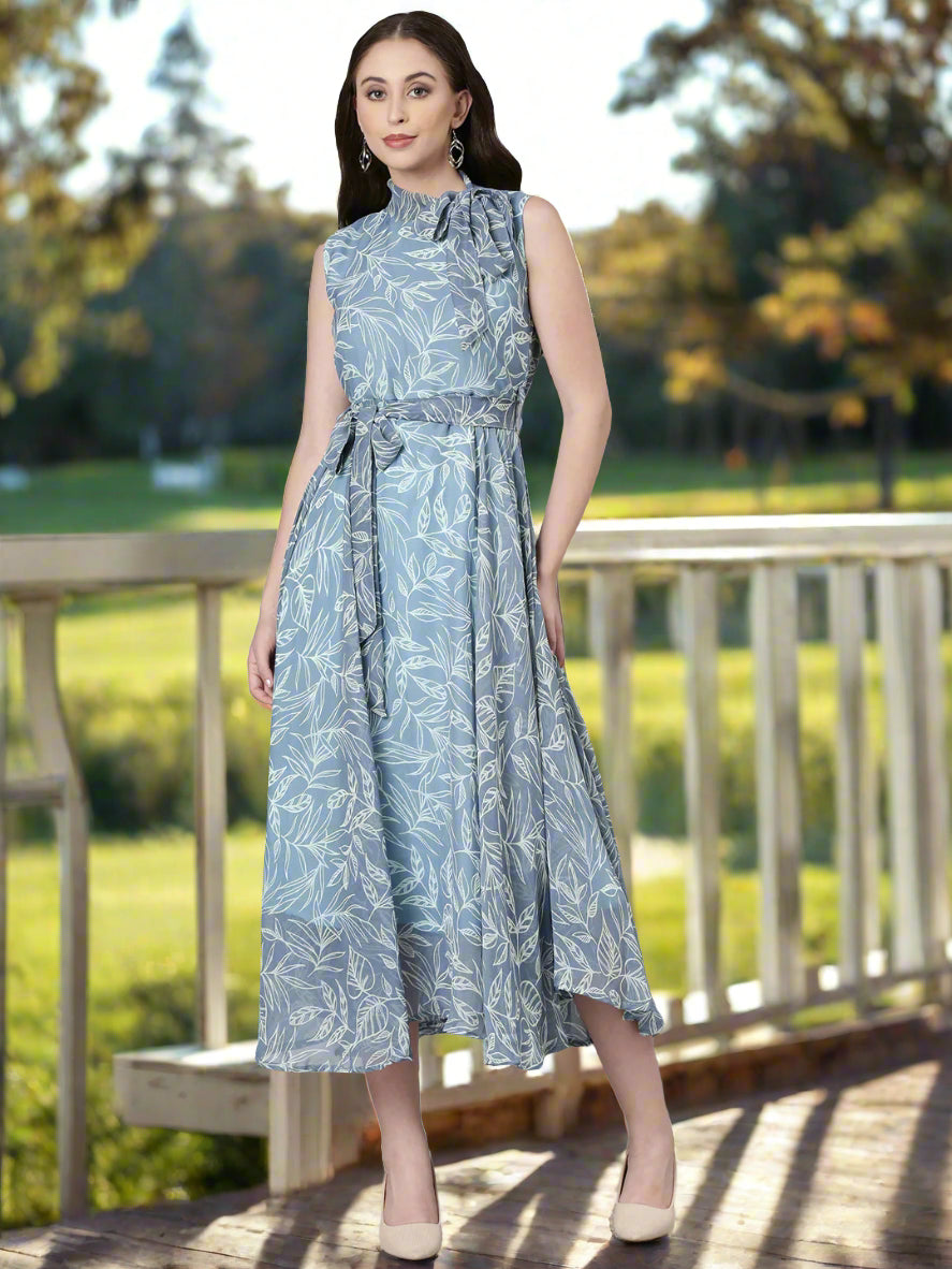 Dress – Grey Floral Fit & Flare Chiffon | Souchii