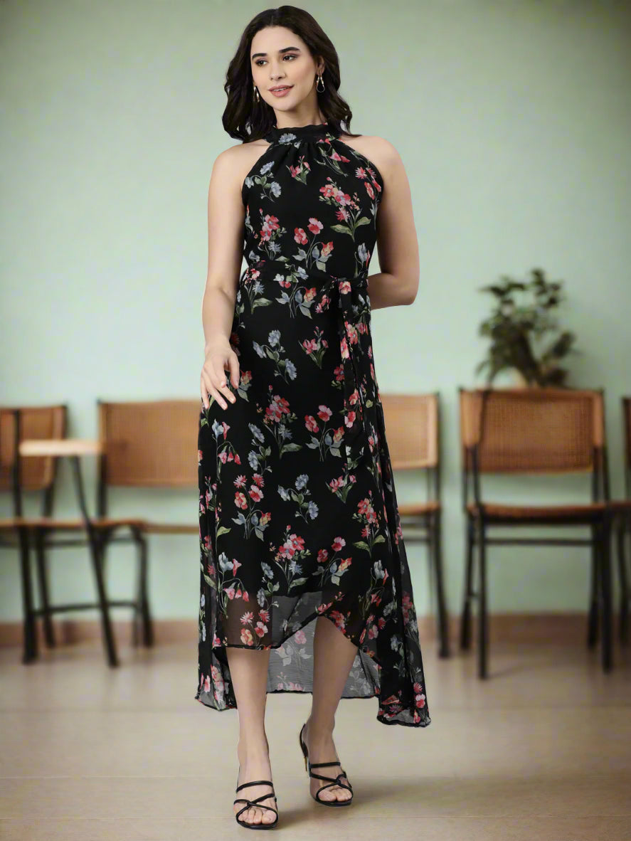 Fit & Flare Dress – Black Printed Chiffon | Souchii