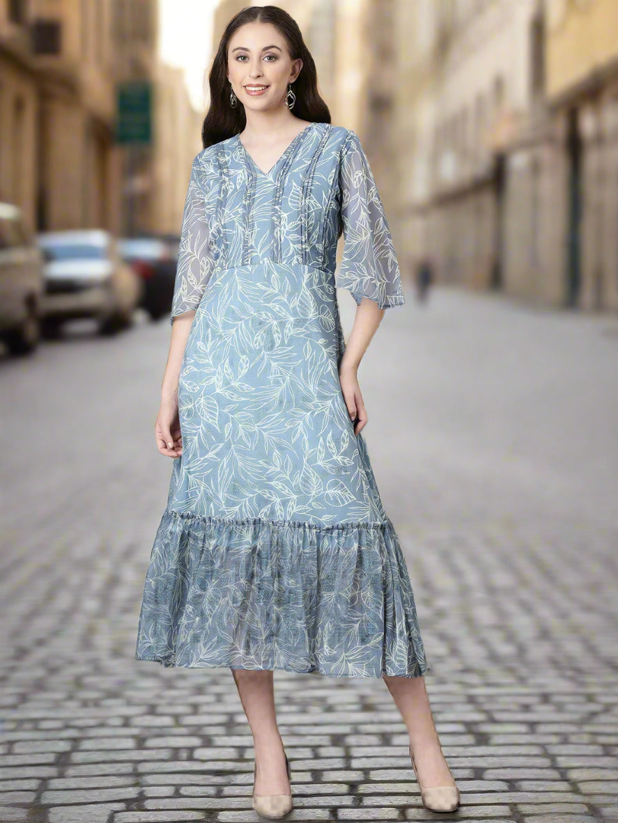 Midi Dress – Grey Floral Print A-Line | Souchii