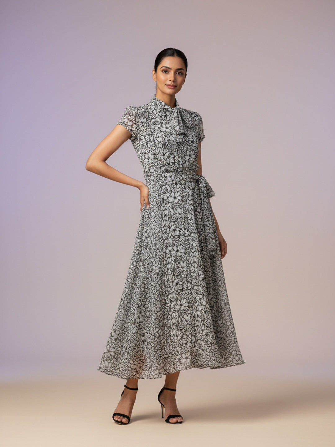 Floral Print Tie-Up Neck Chiffon Fit & Flare Midi Dress|Souchii