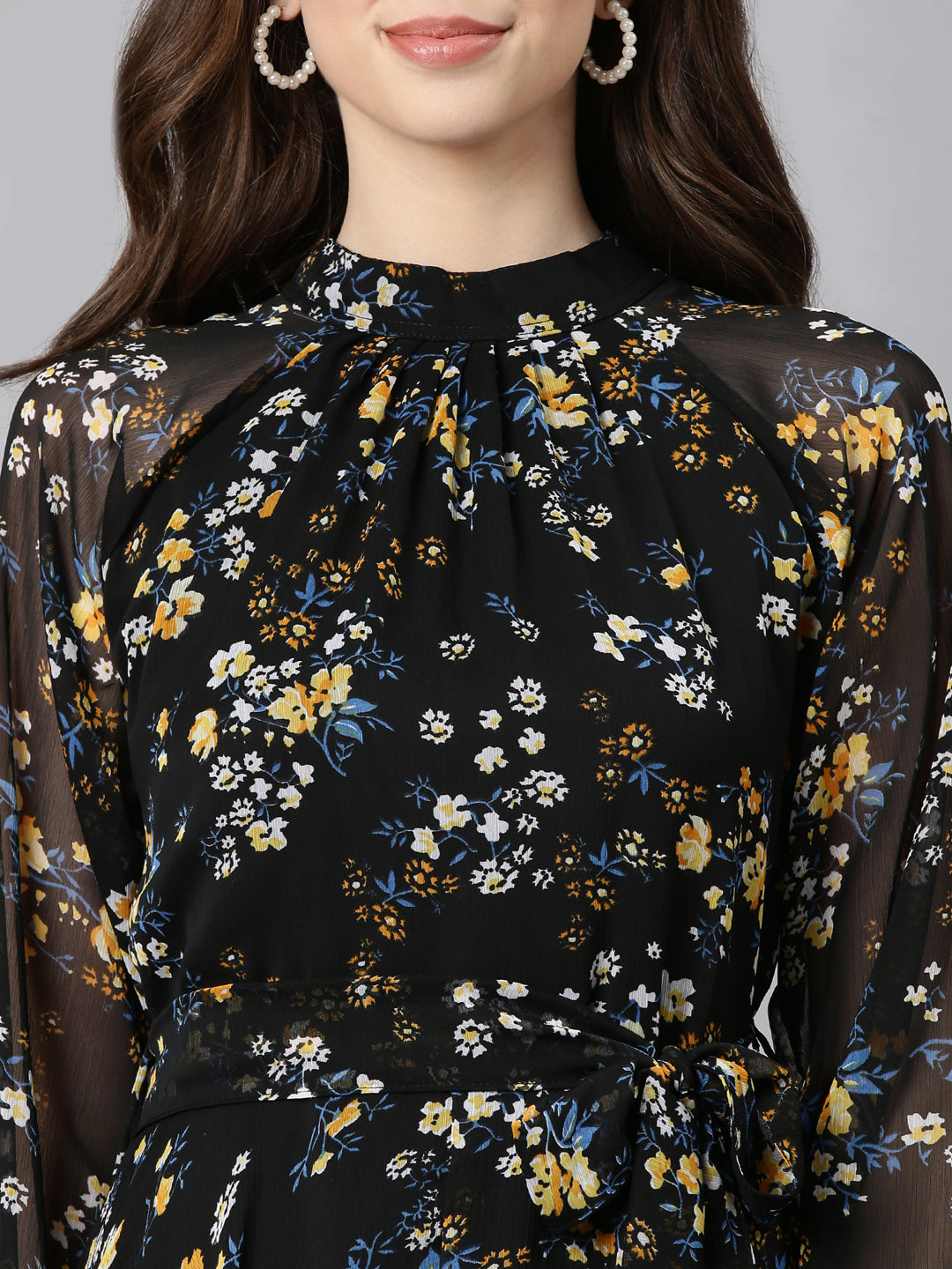 Fit & Flare Dress – Black Printed Chiffon | Souchii