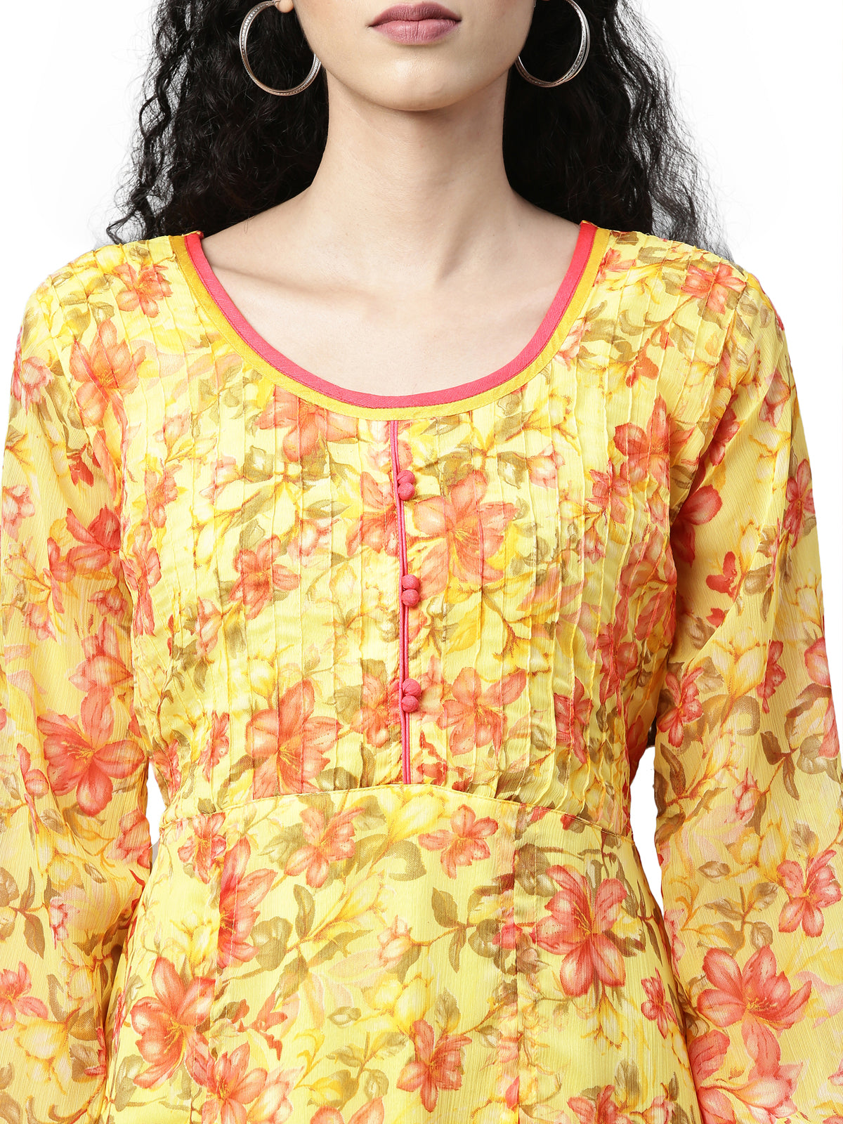 Midi Dress – Yellow Floral Printed Chiffon A-Line | Souchii