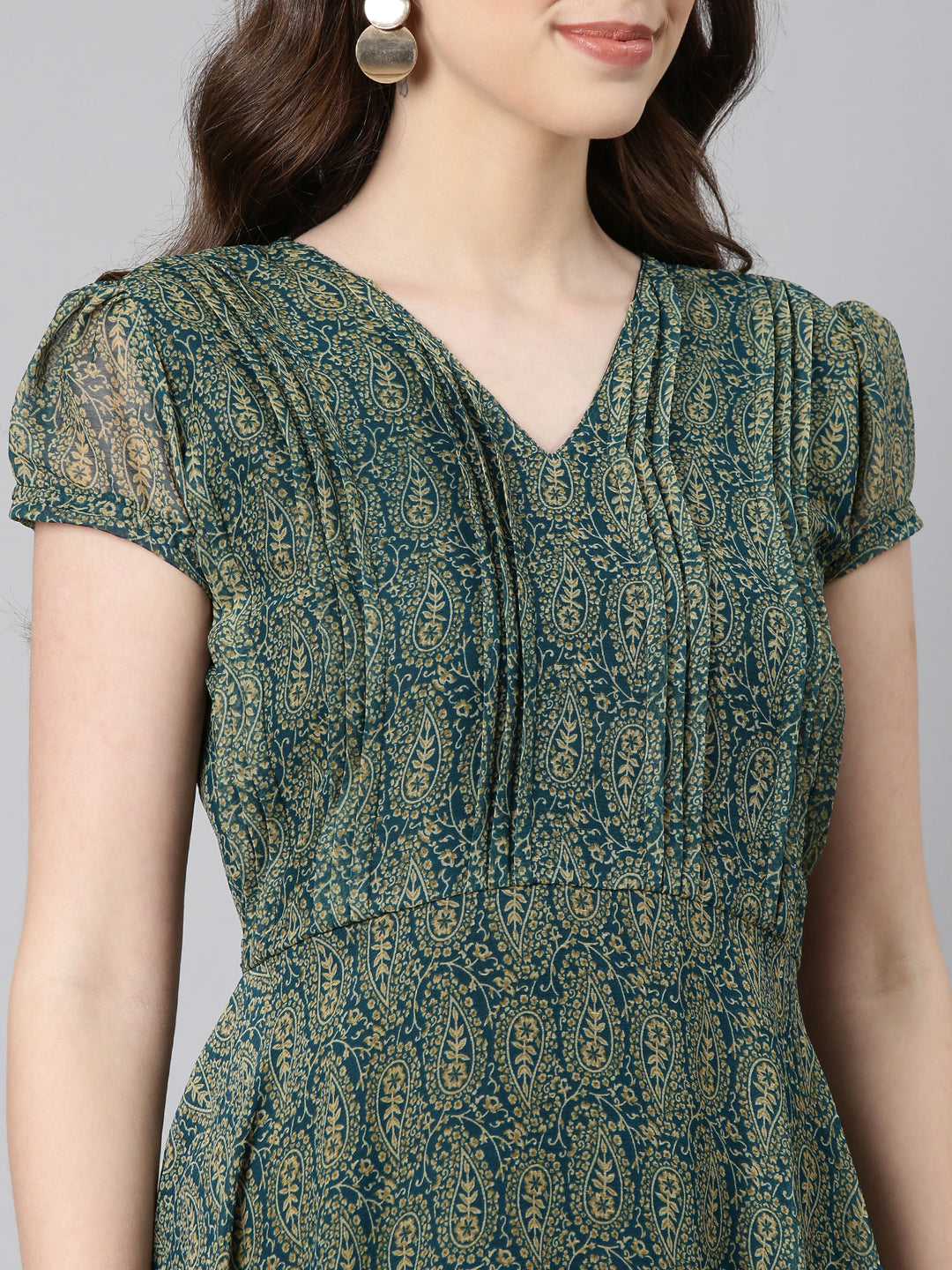 Fit & Flare Dress – Green Paisley Print Chiffon | Souchii