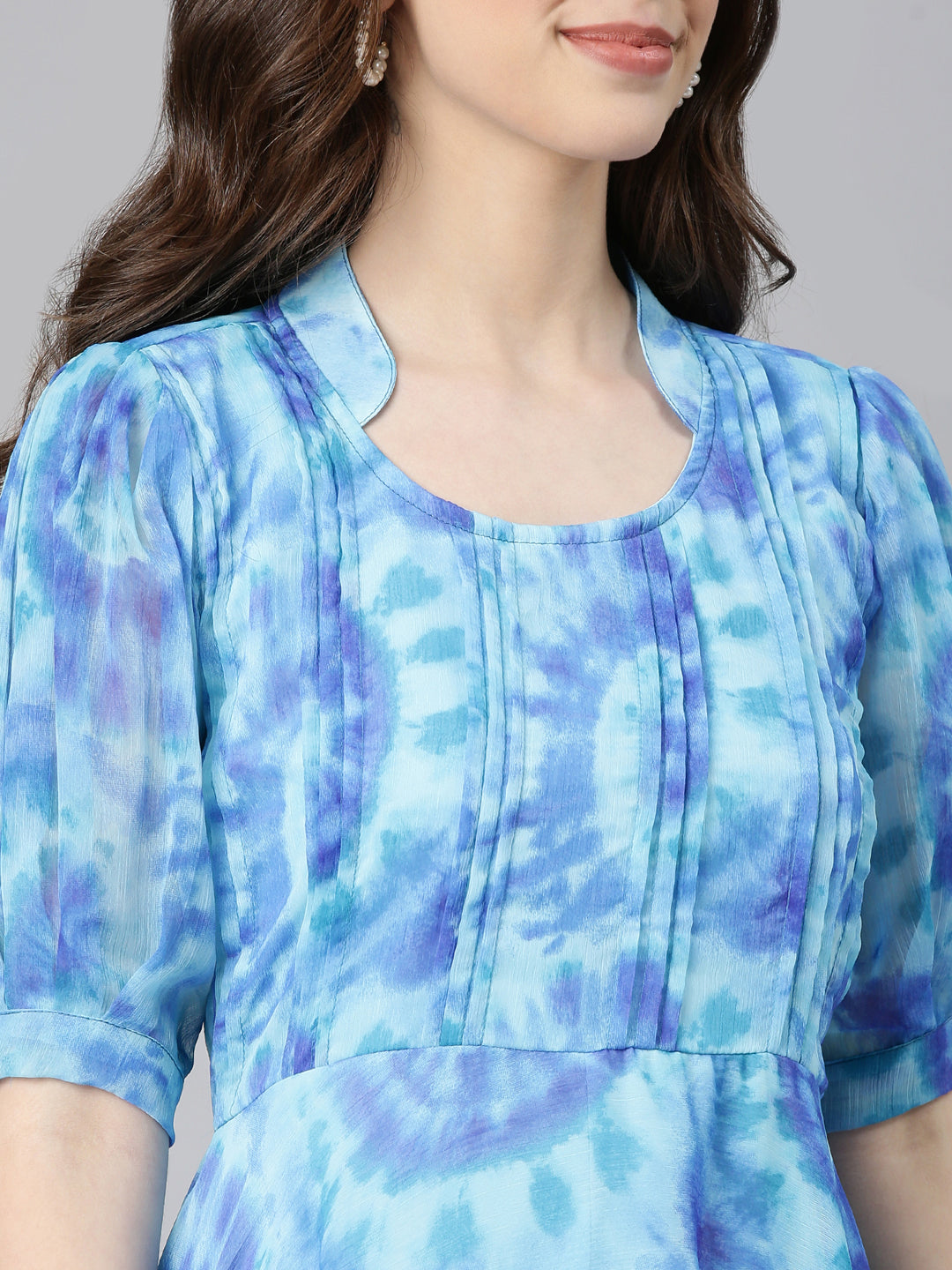 Dress – Blue Abstract Print Fit & Flare Chiffon | Souchii