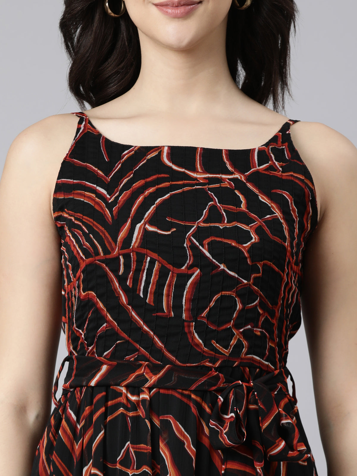 Dress – Black Abstract Printed A-Line Tiered | Souchii