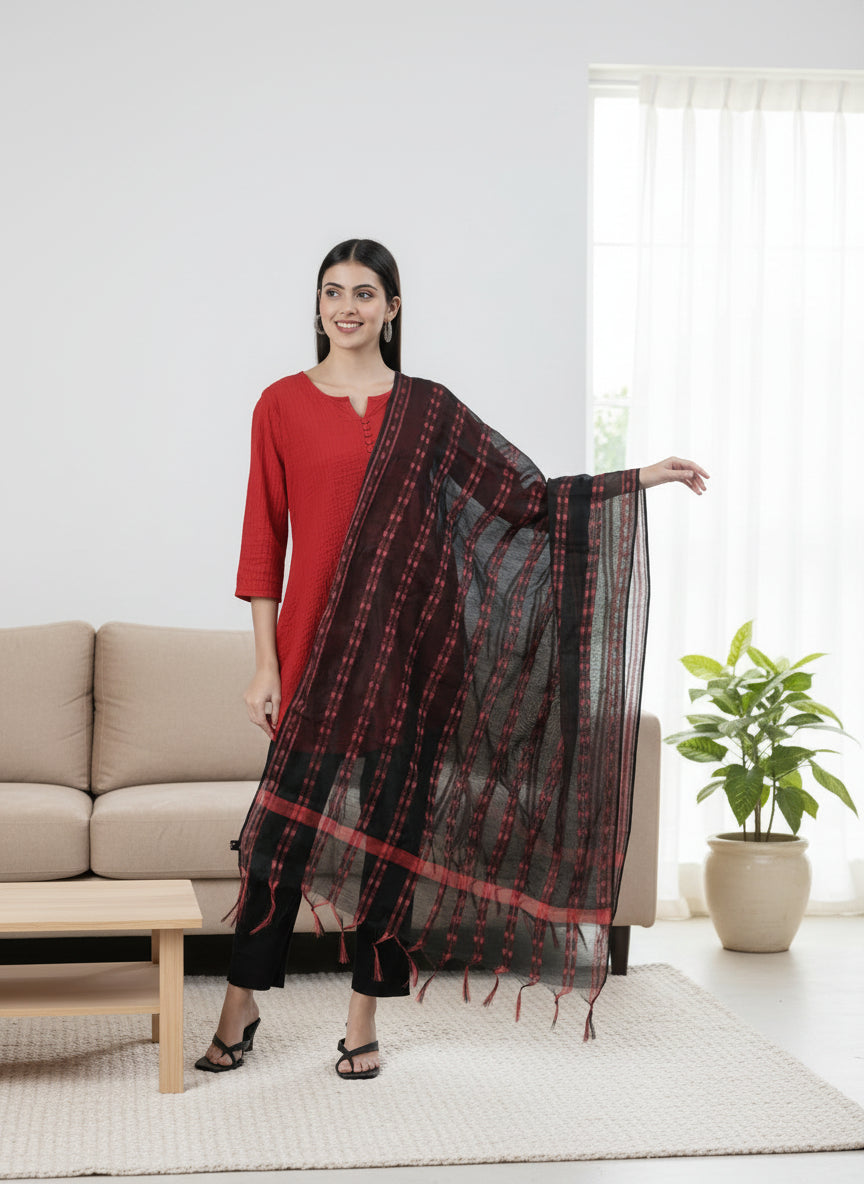 Black and Red Cotton Woven Dupatta