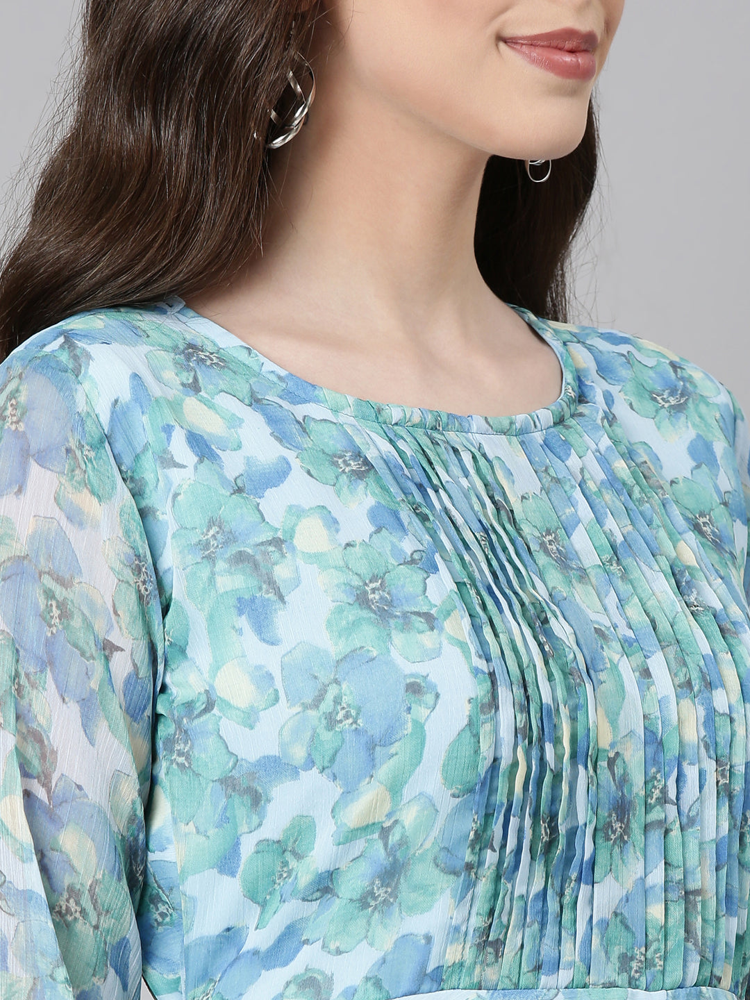 Dress – Blue Floral Fit & Flare Chiffon | Souchii