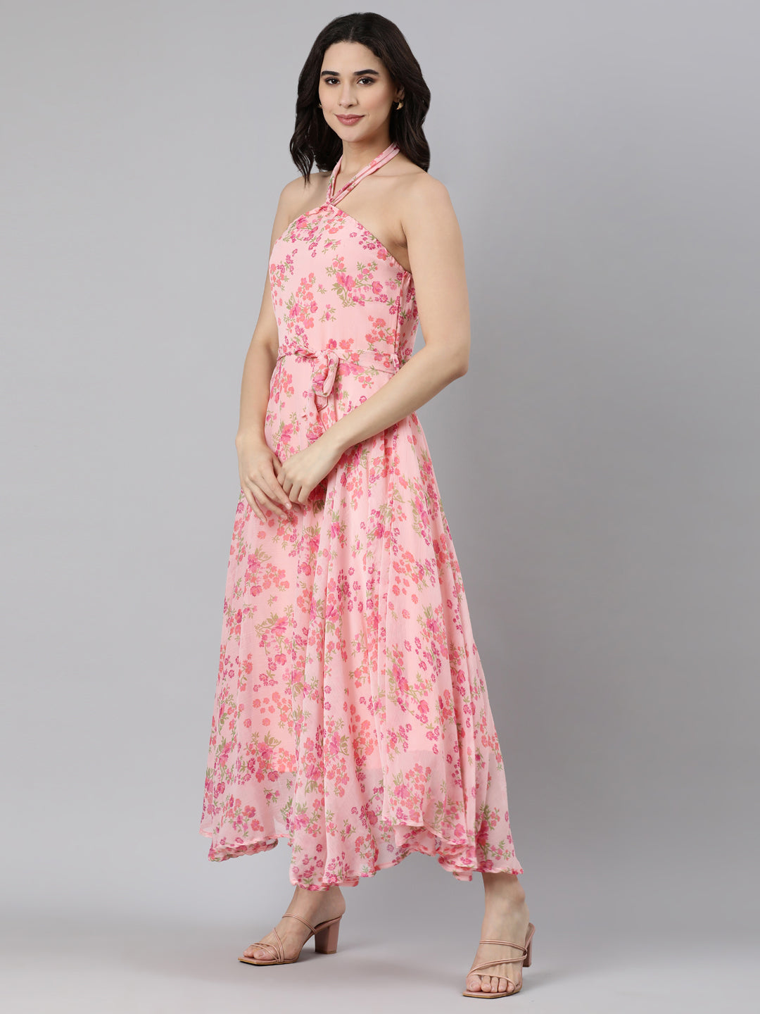 Dress – Pink Floral Halter Neck | Souchii