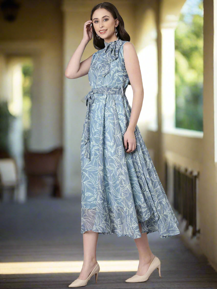 Dress – Grey Floral Fit & Flare Chiffon | Souchii
