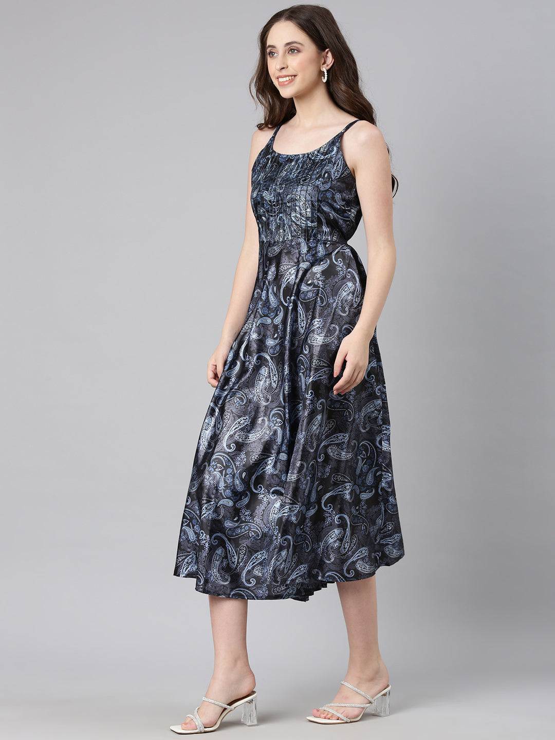 Dress – Navy Blue Satin Drop-Waist | Souchii