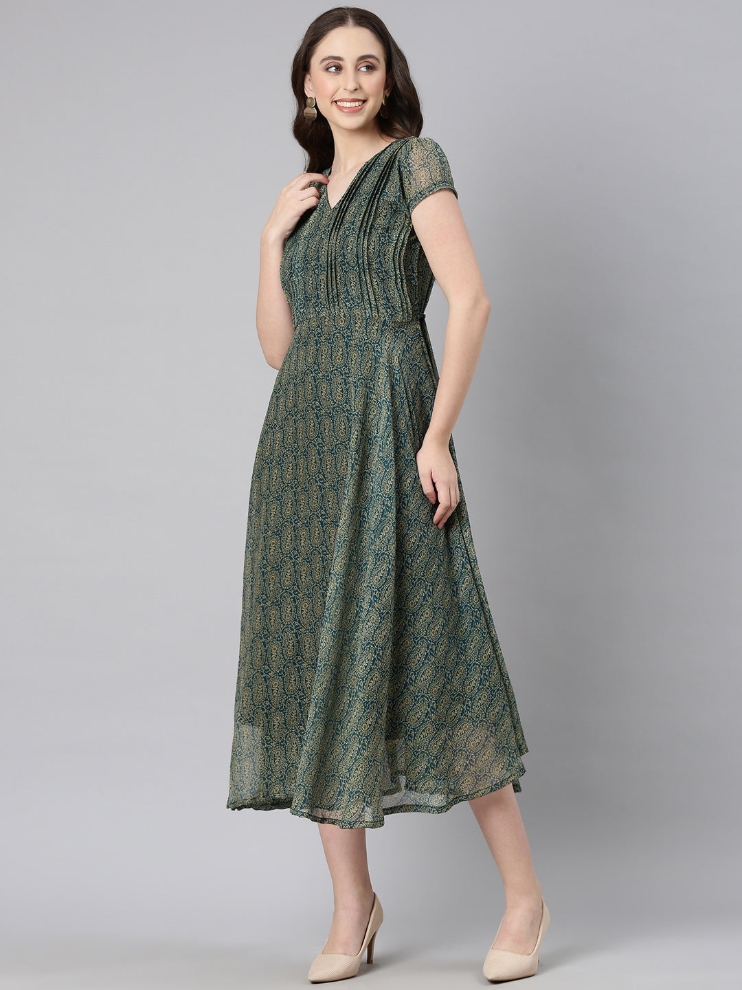 Fit & Flare Dress – Green Paisley Print Chiffon | Souchii