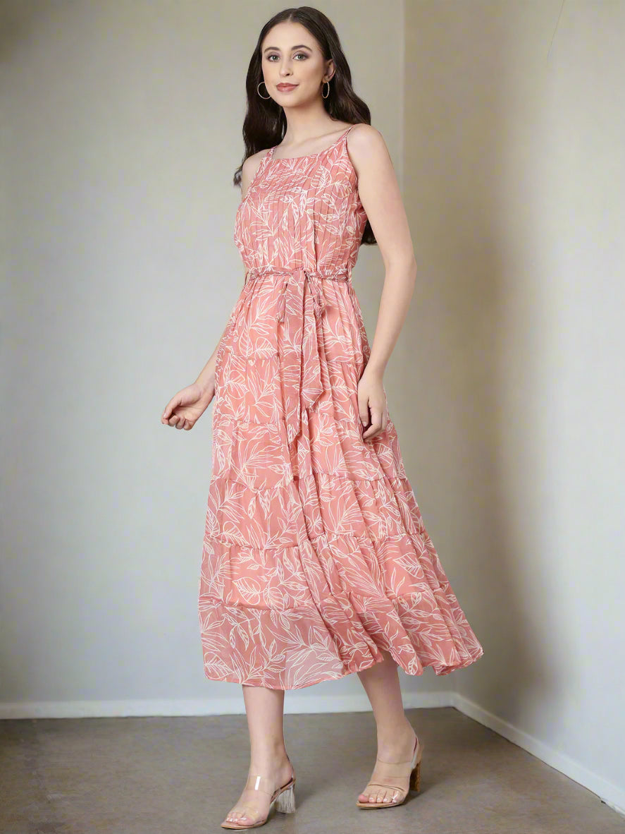 Maxi Dress – Peach Floral Print Fit & Flare | Souchii
