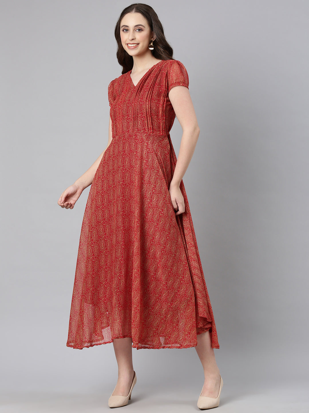 Fit & Flare Dress – Red Abstract Printed | Souchii