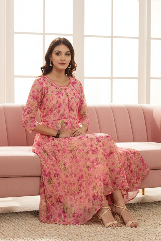 Fit & Flare Dress – Pink & Yellow Floral with High-Low Hem | Souchii