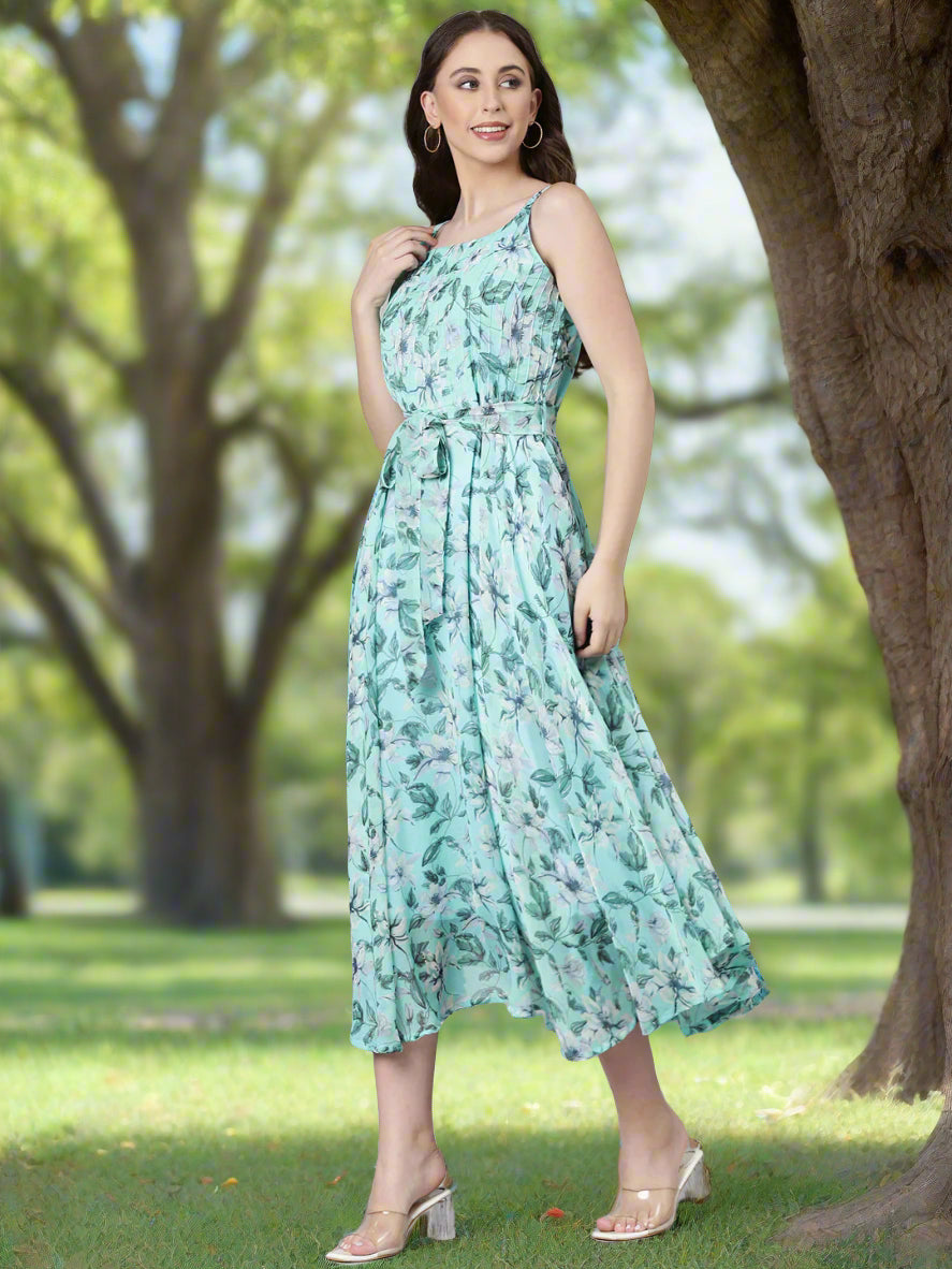 Maxi Dress – Blue Floral Print Sleeveless Fit & Flare | Souchii