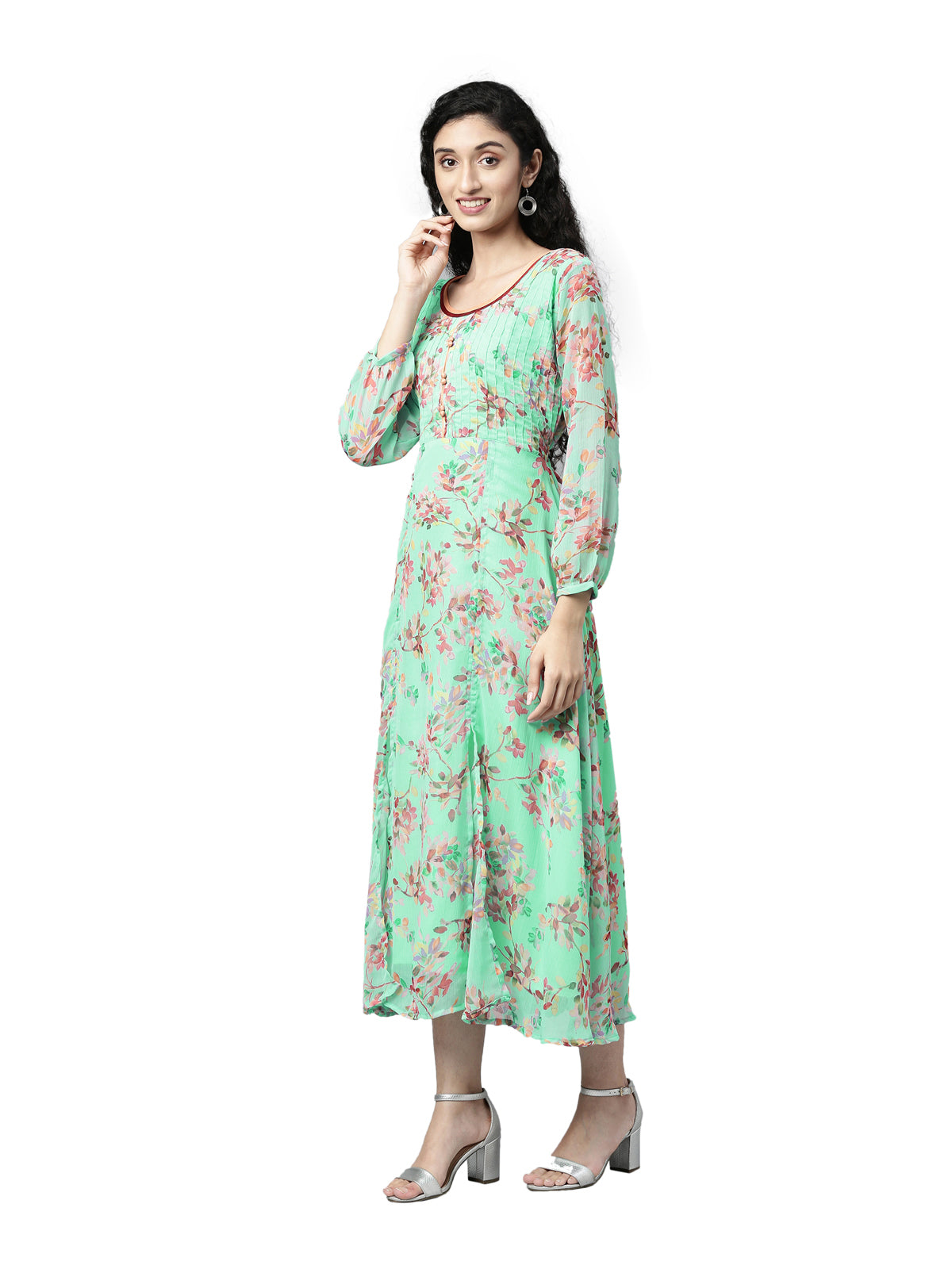 Maxi Dress – Sea Green Floral Print Chiffon | Souchii