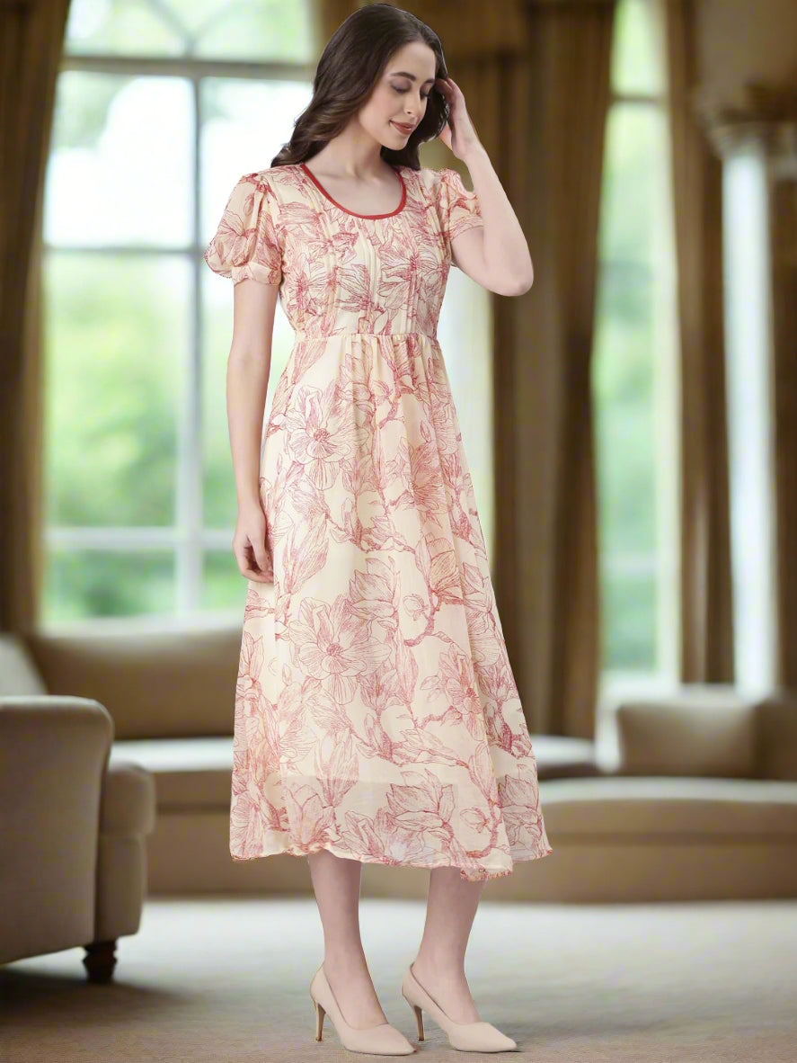 Cream & Red Floral Print Fit & Flare Midi Dress
