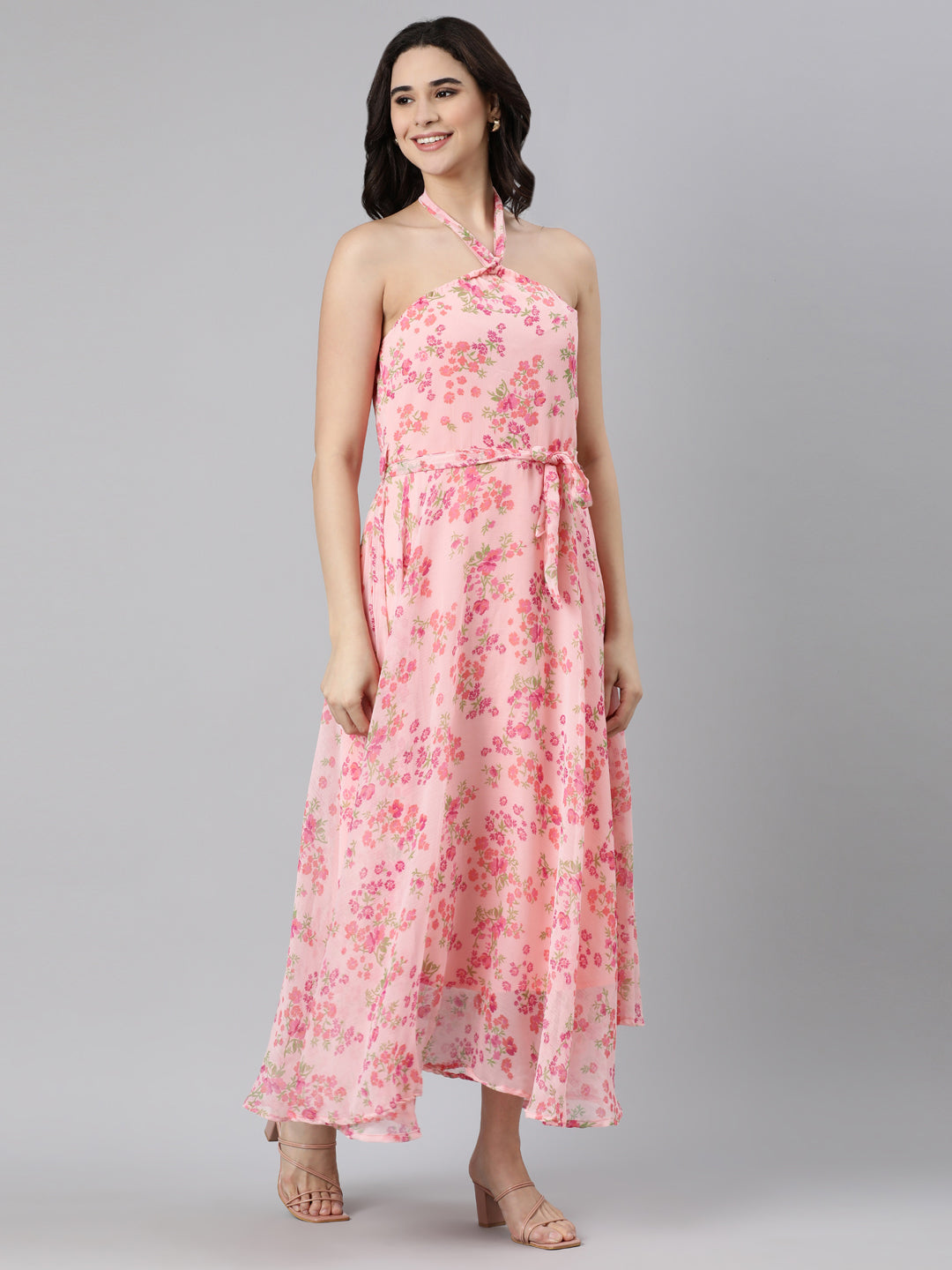 Dress – Pink Floral Halter Neck | Souchii