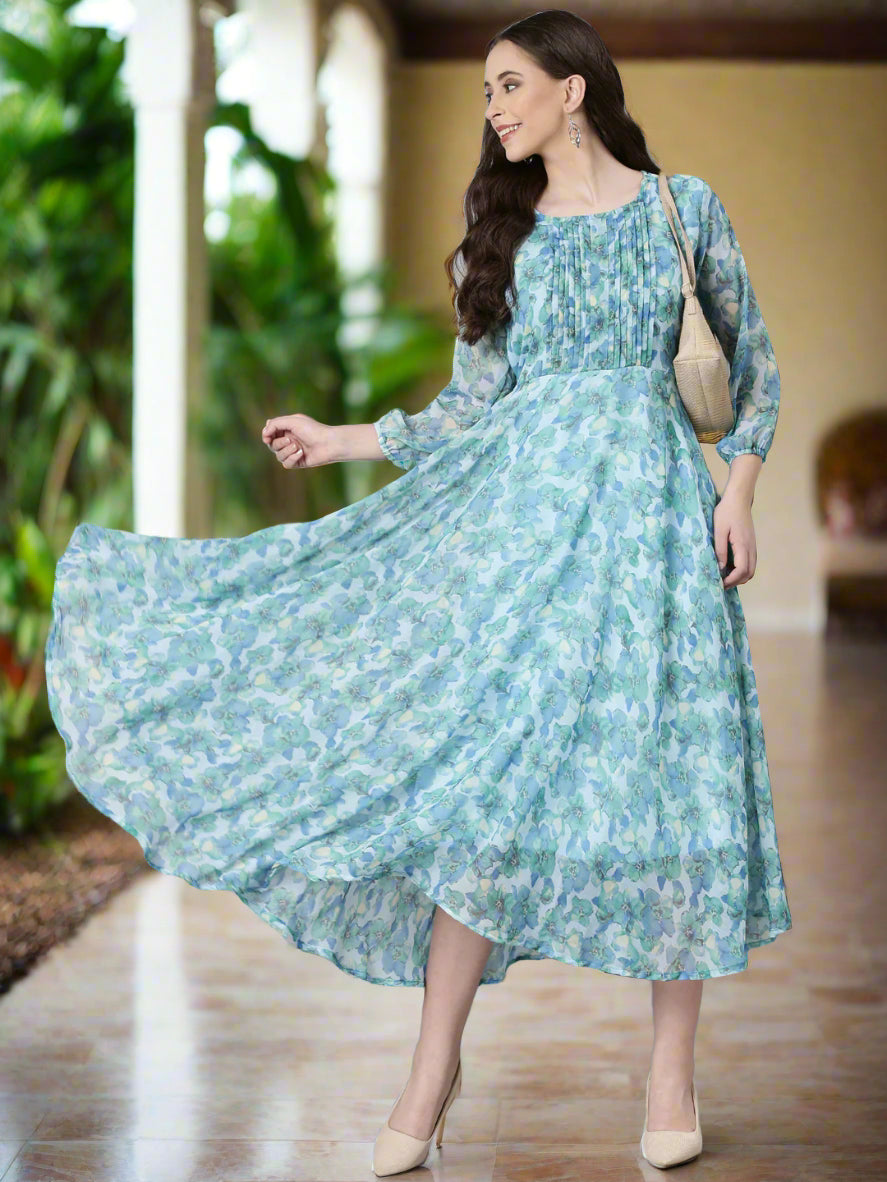 Dress – Blue Floral Fit & Flare Chiffon | Souchii