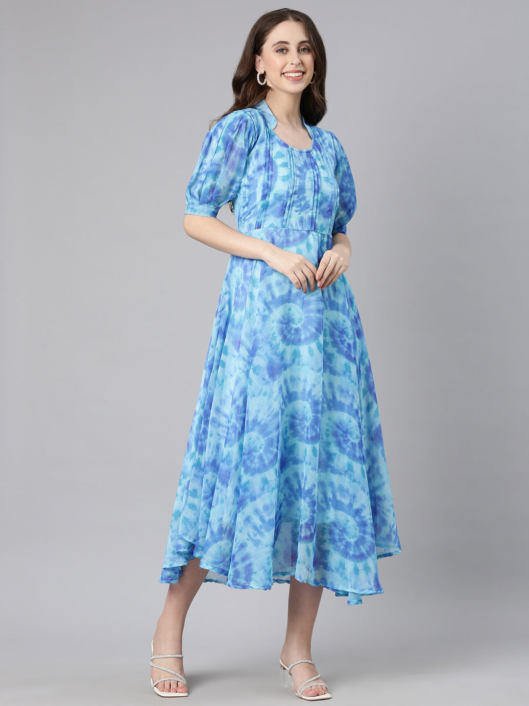 Dress – Blue Abstract Print Fit & Flare Chiffon | Souchii