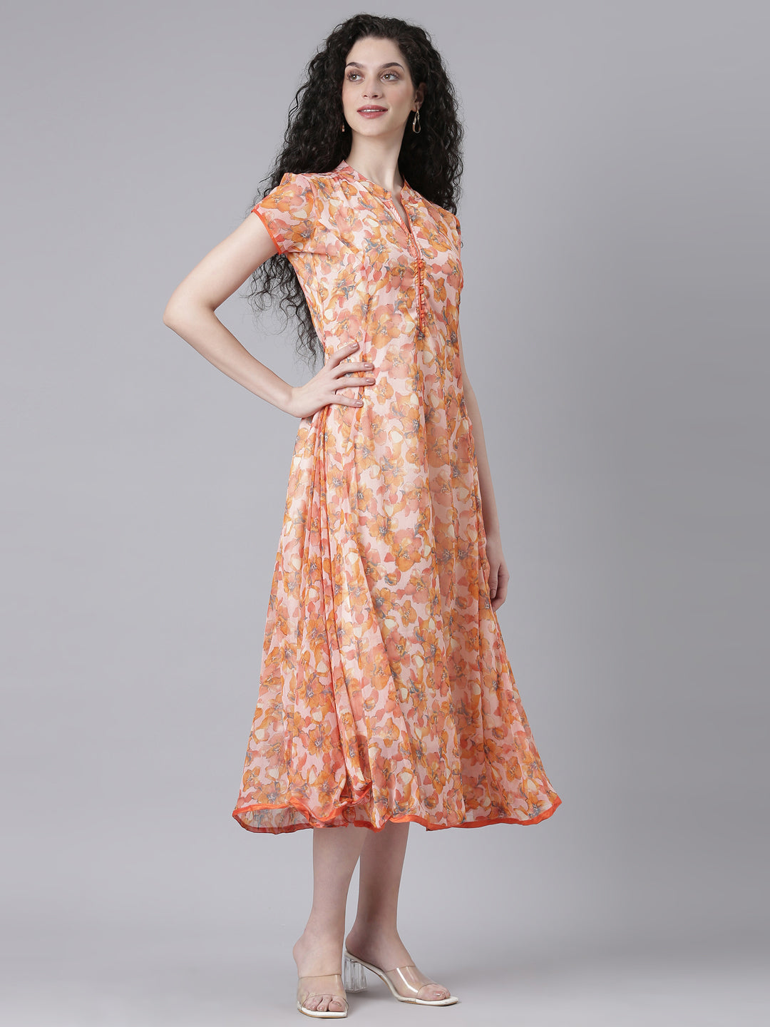Dress – Peach Floral Print A-line Princess Line | Souchii