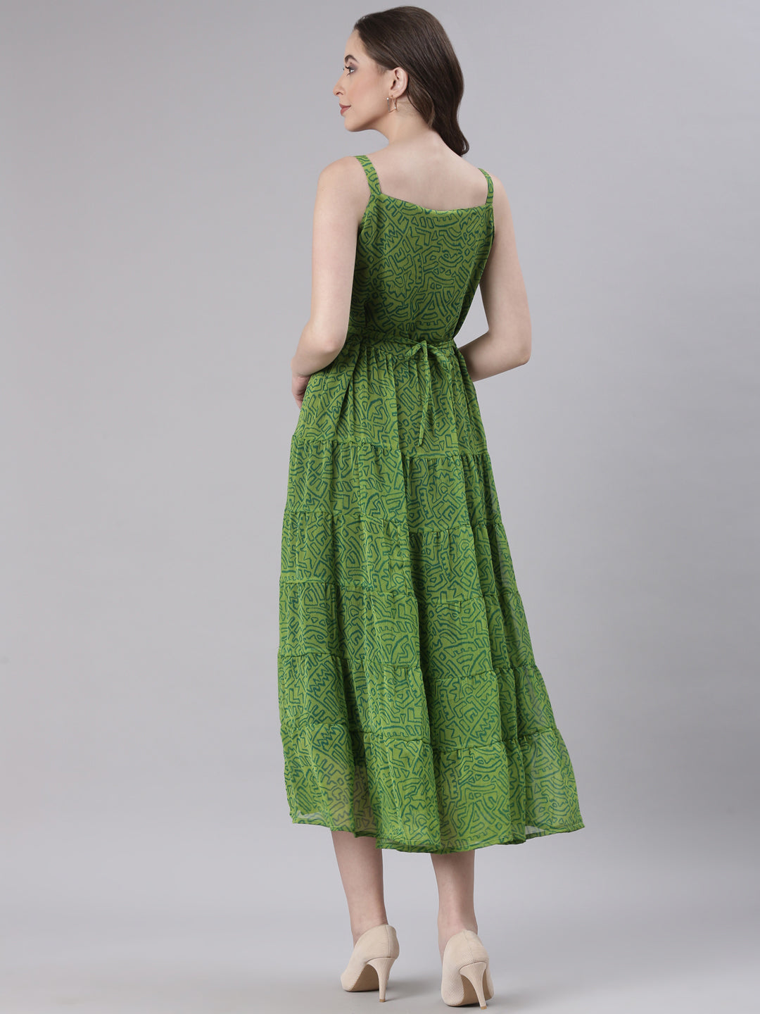 Green Abstract Pleated Fit & Flare Midi Dress | Souchii