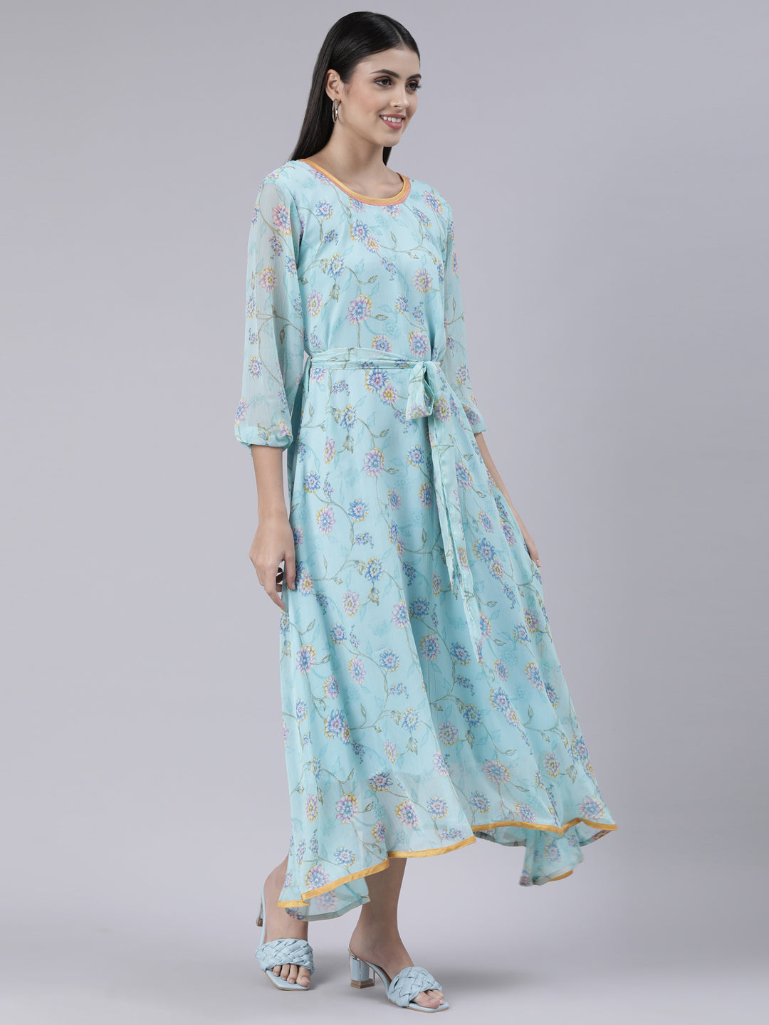 Blue Floral Chiffon Maxi Dress for Women – Souchii