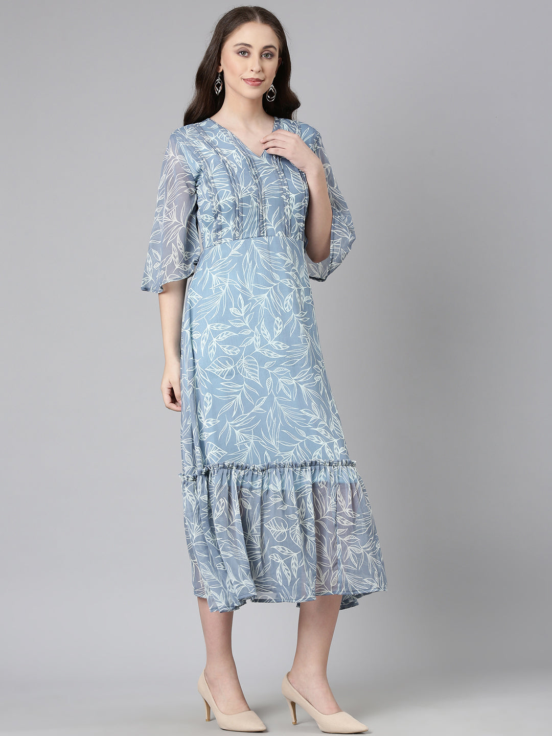 Midi Dress – Grey Floral Print A-Line | Souchii