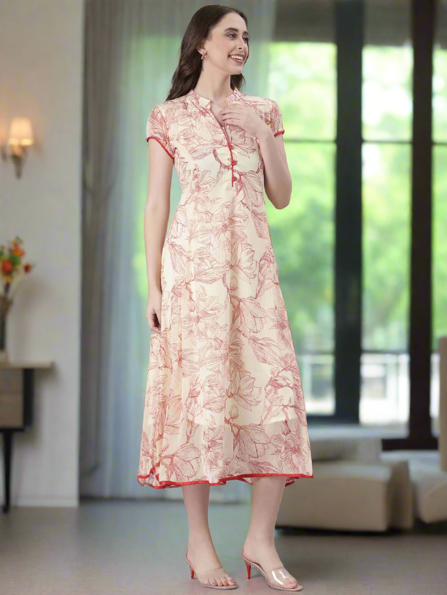 Cream Floral A-Line Belted Midi Dress | Souchii