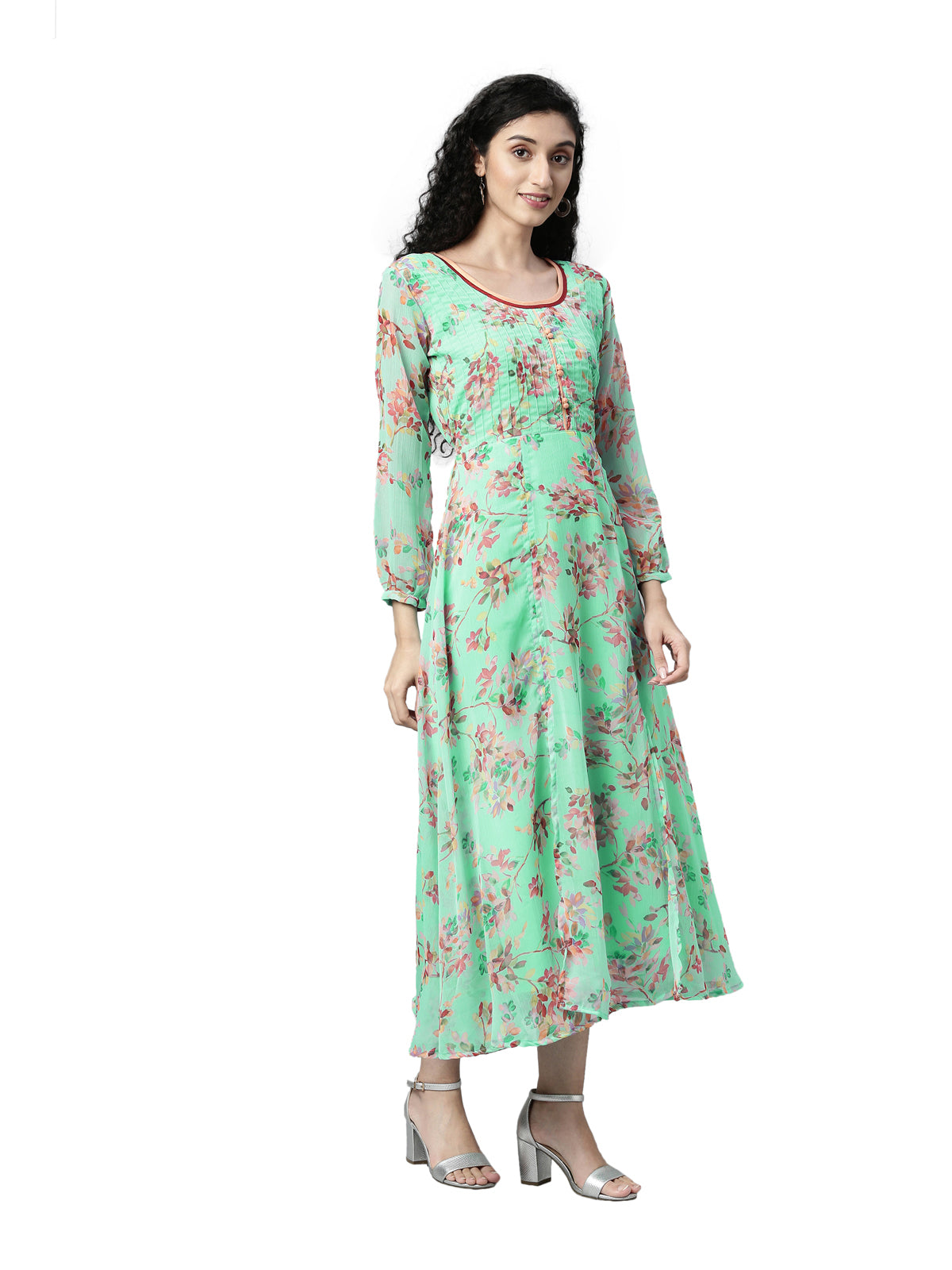Maxi Dress – Sea Green Floral Print Chiffon | Souchii