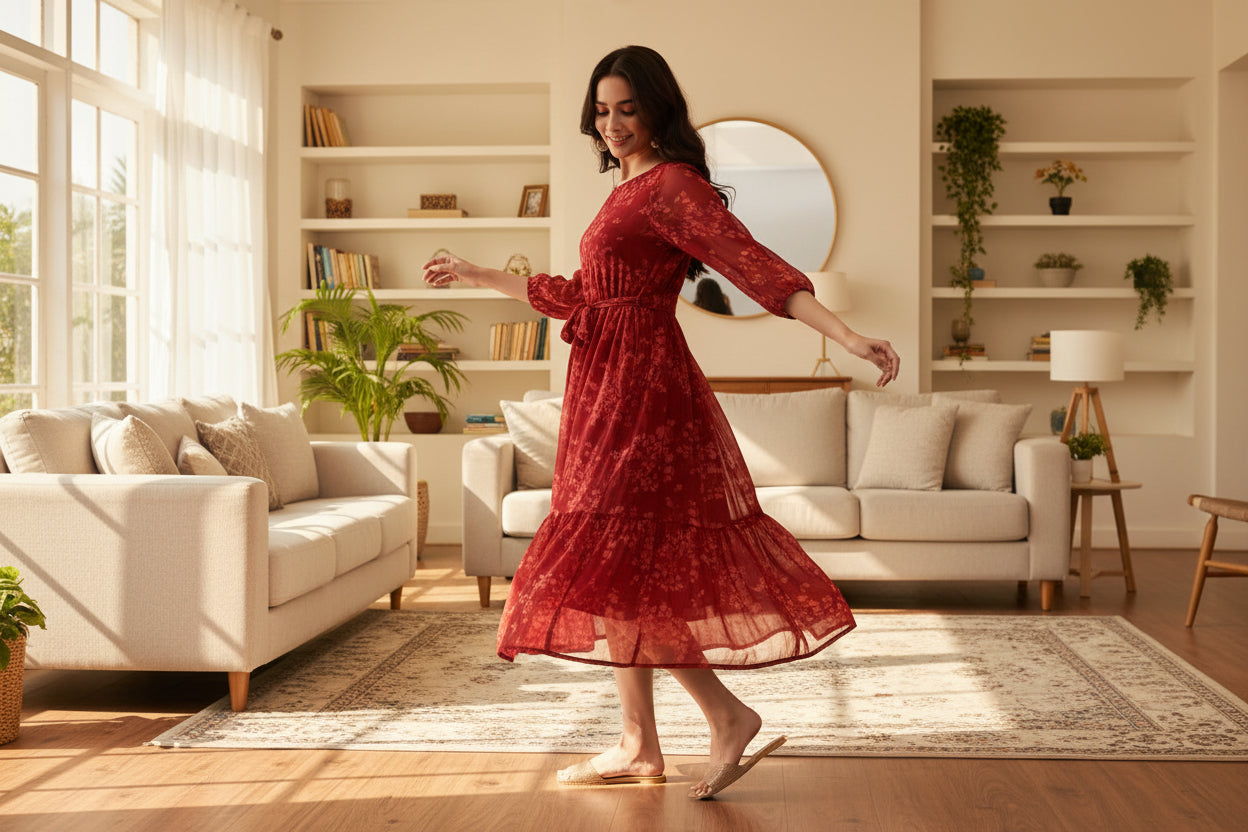 Crimson Bloom Chiffon Maxi Dress | Souchii