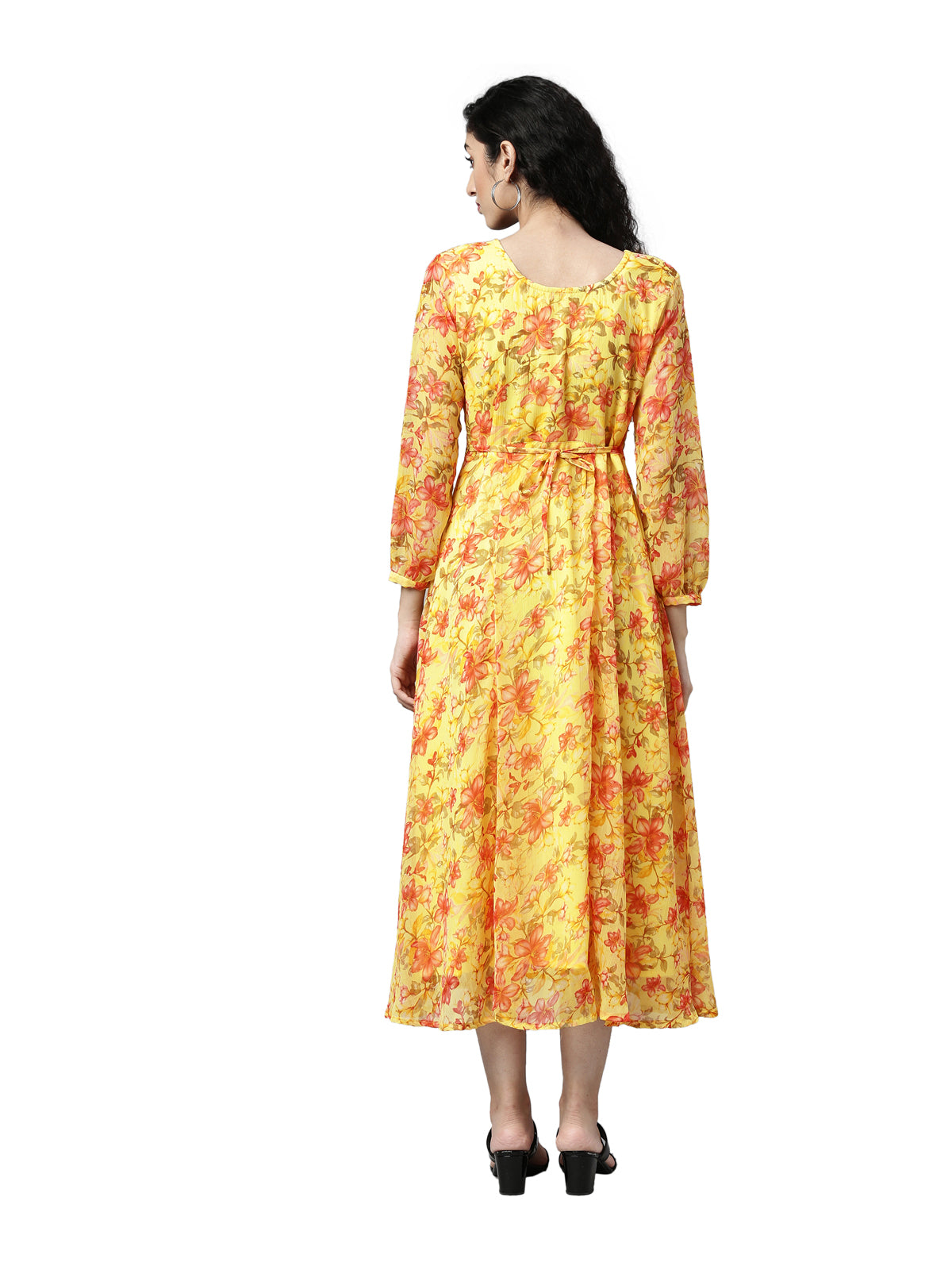 Midi Dress – Yellow Floral Printed Chiffon A-Line | Souchii