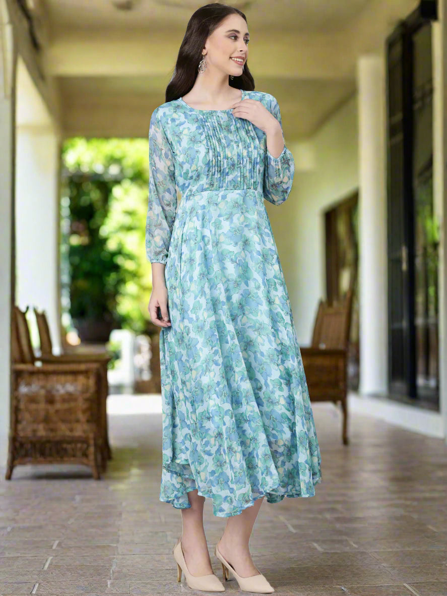 Dress – Blue Floral Fit & Flare Chiffon | Souchii