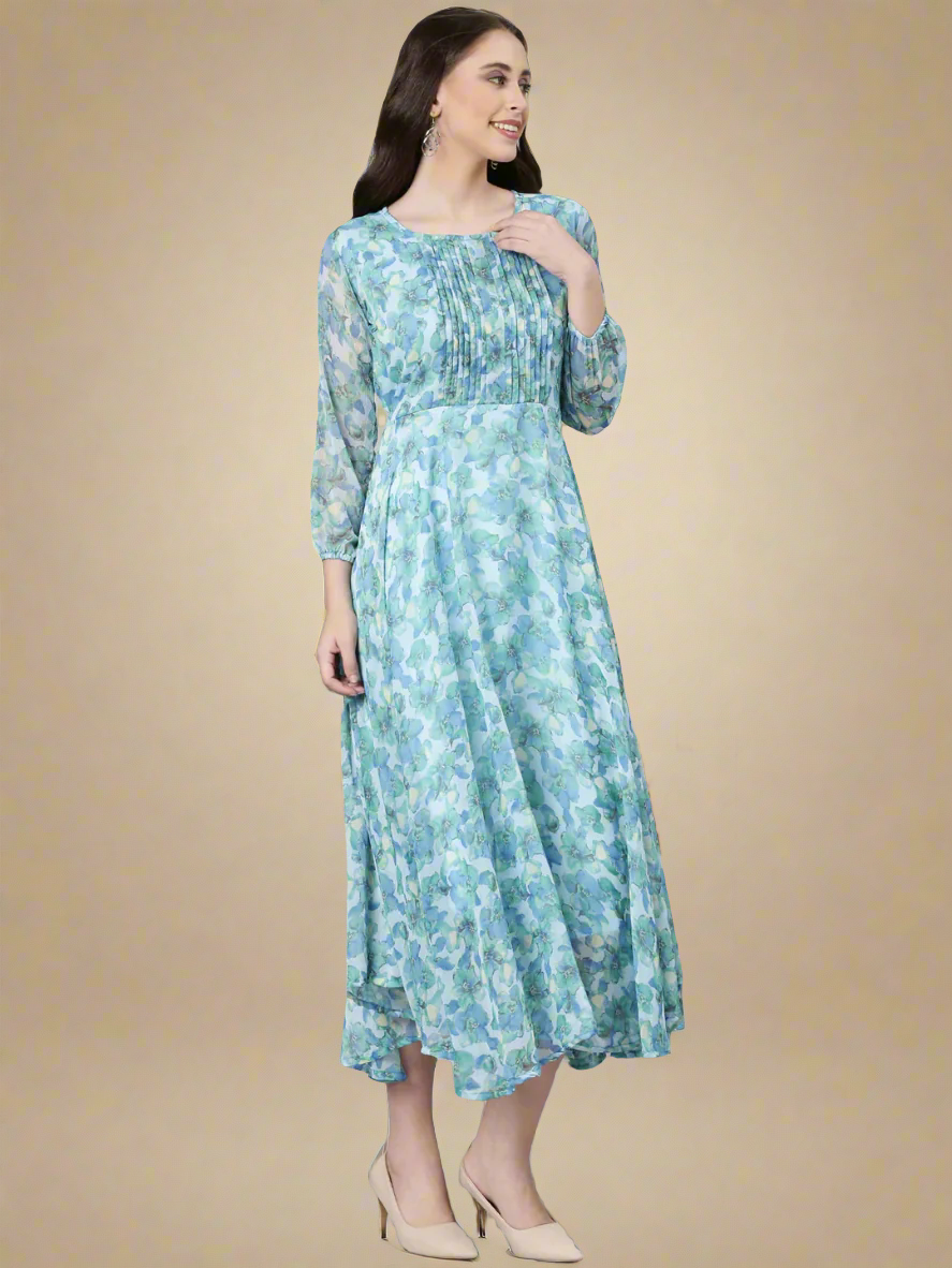 Dress – Blue Floral Fit & Flare Chiffon | Souchii