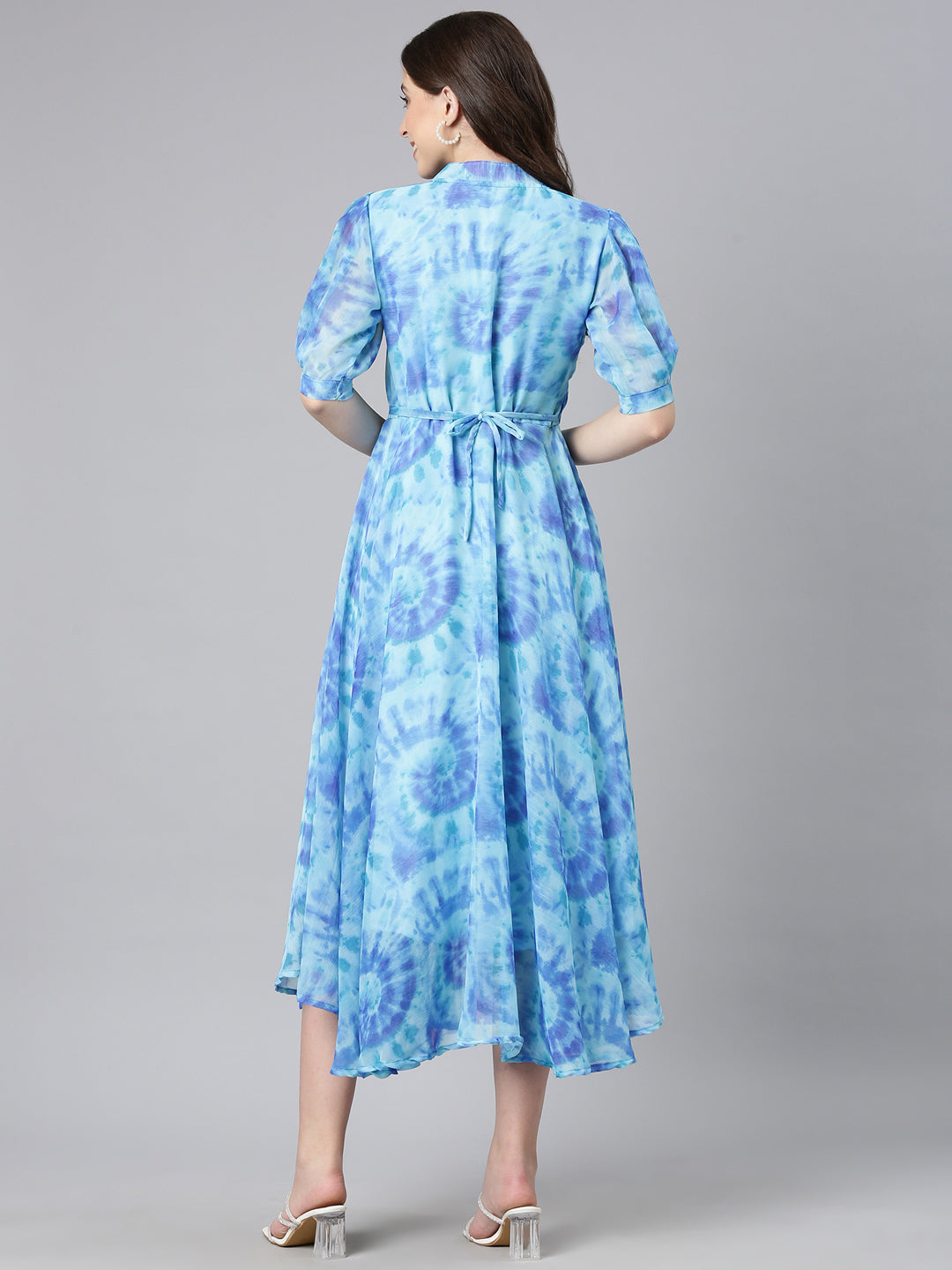 Dress – Blue Abstract Print Fit & Flare Chiffon | Souchii