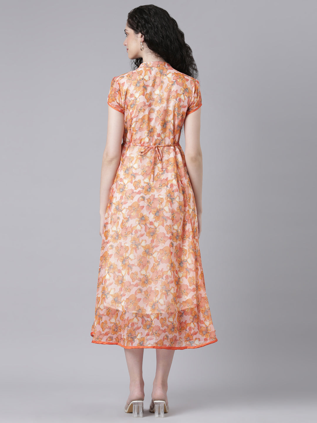 Dress – Peach Floral Print A-line Princess Line | Souchii