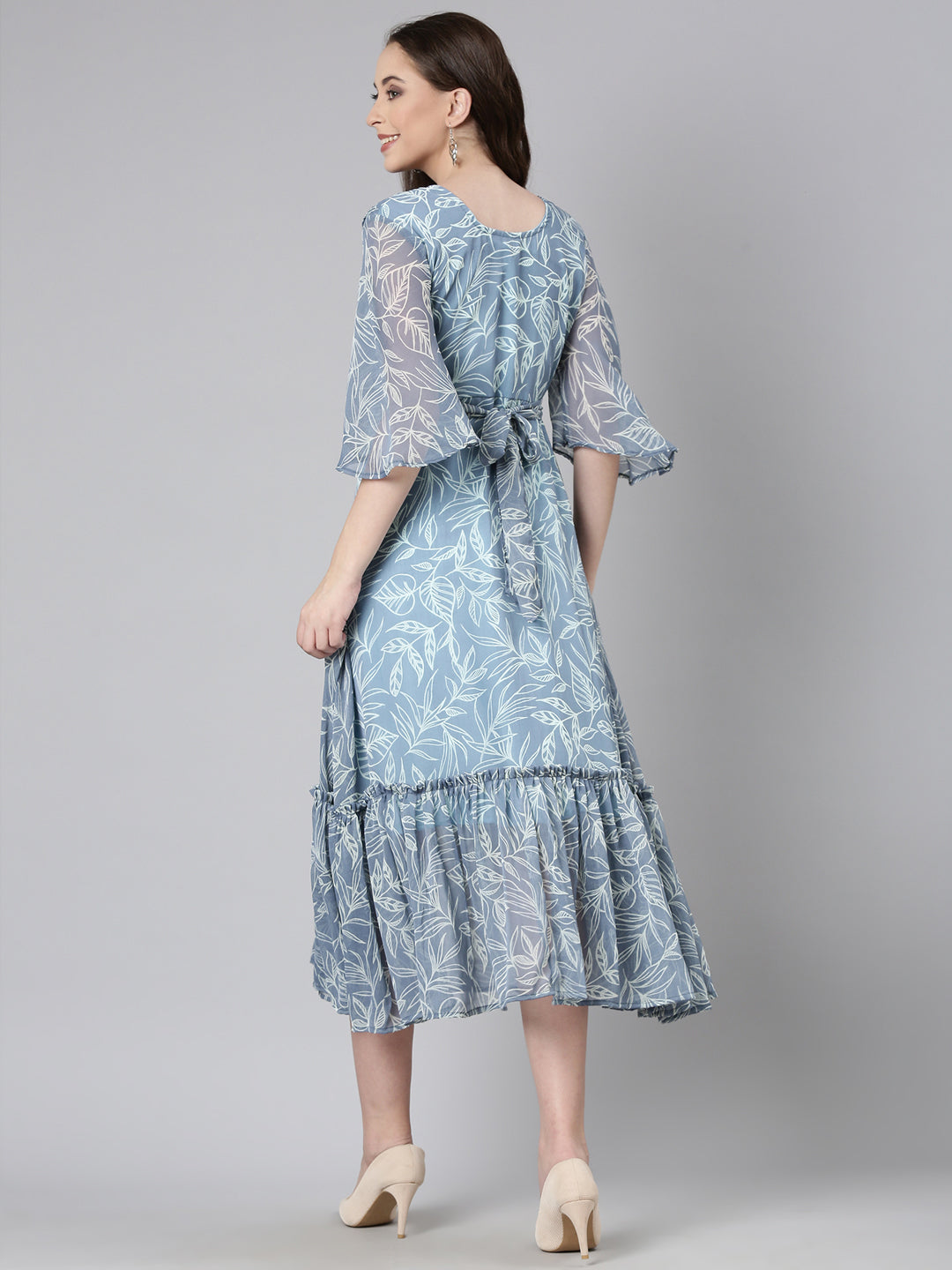 Midi Dress – Grey Floral Print A-Line | Souchii