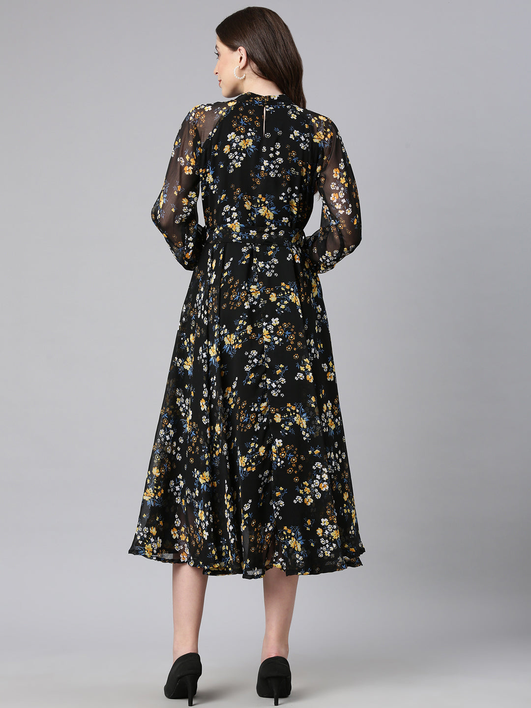 Fit & Flare Dress – Black Printed Chiffon | Souchii