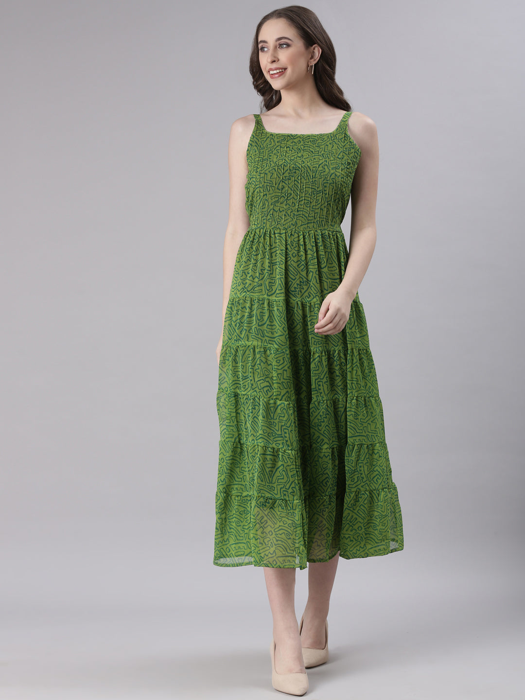 Green Abstract Pleated Fit & Flare Midi Dress | Souchii